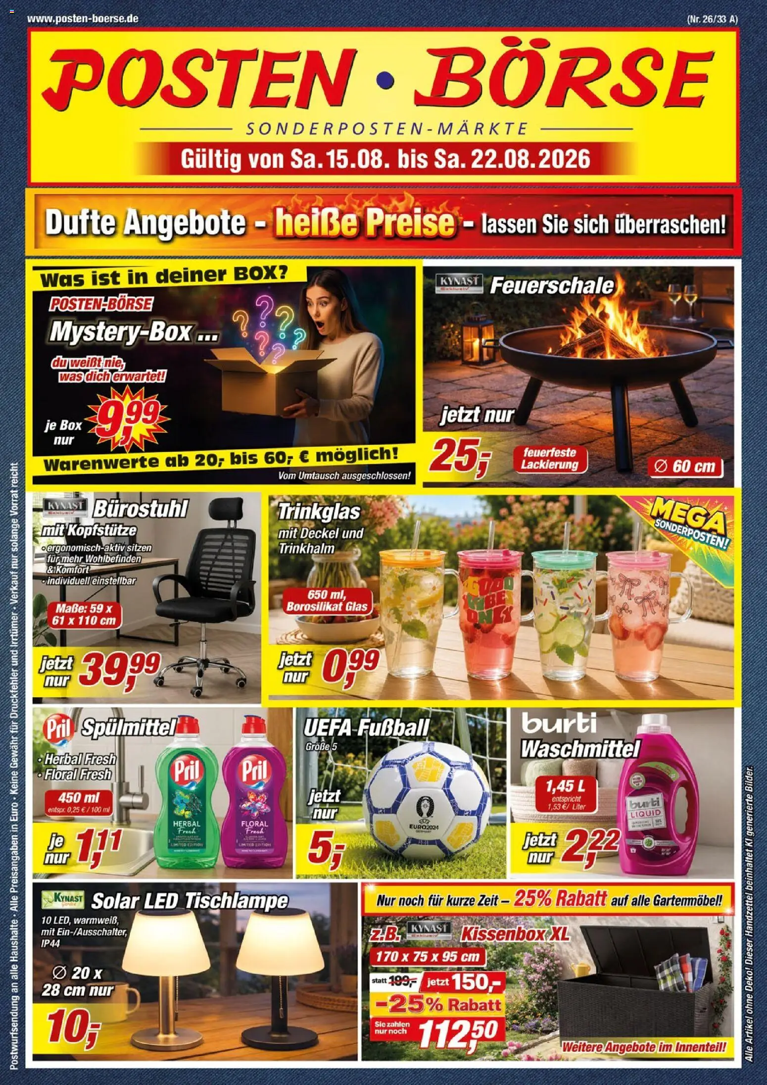 Vorschau von dem Prospekt des Geschäftes Posten Börse, gültig ab dem 15.08.2026 - Fußball, Gartenmöbel, Box, Waschmittel, Pril