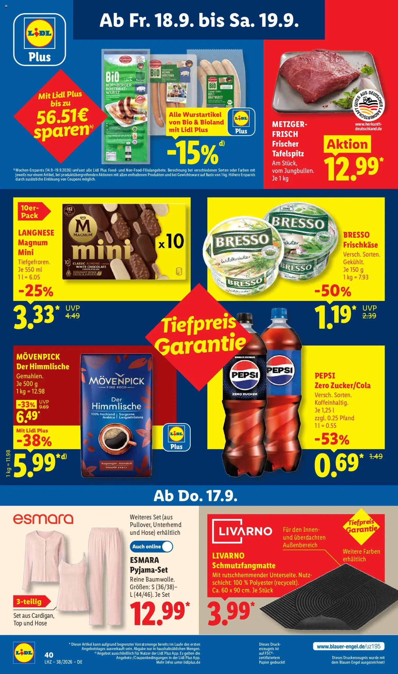 Vorschau von dem Prospekt des Geschäftes Lidl, gültig ab dem 14.09.2026 - Bratwurst, Top, Hose, Zucker, Pepsi, Langnese, Bresso, Frischkase