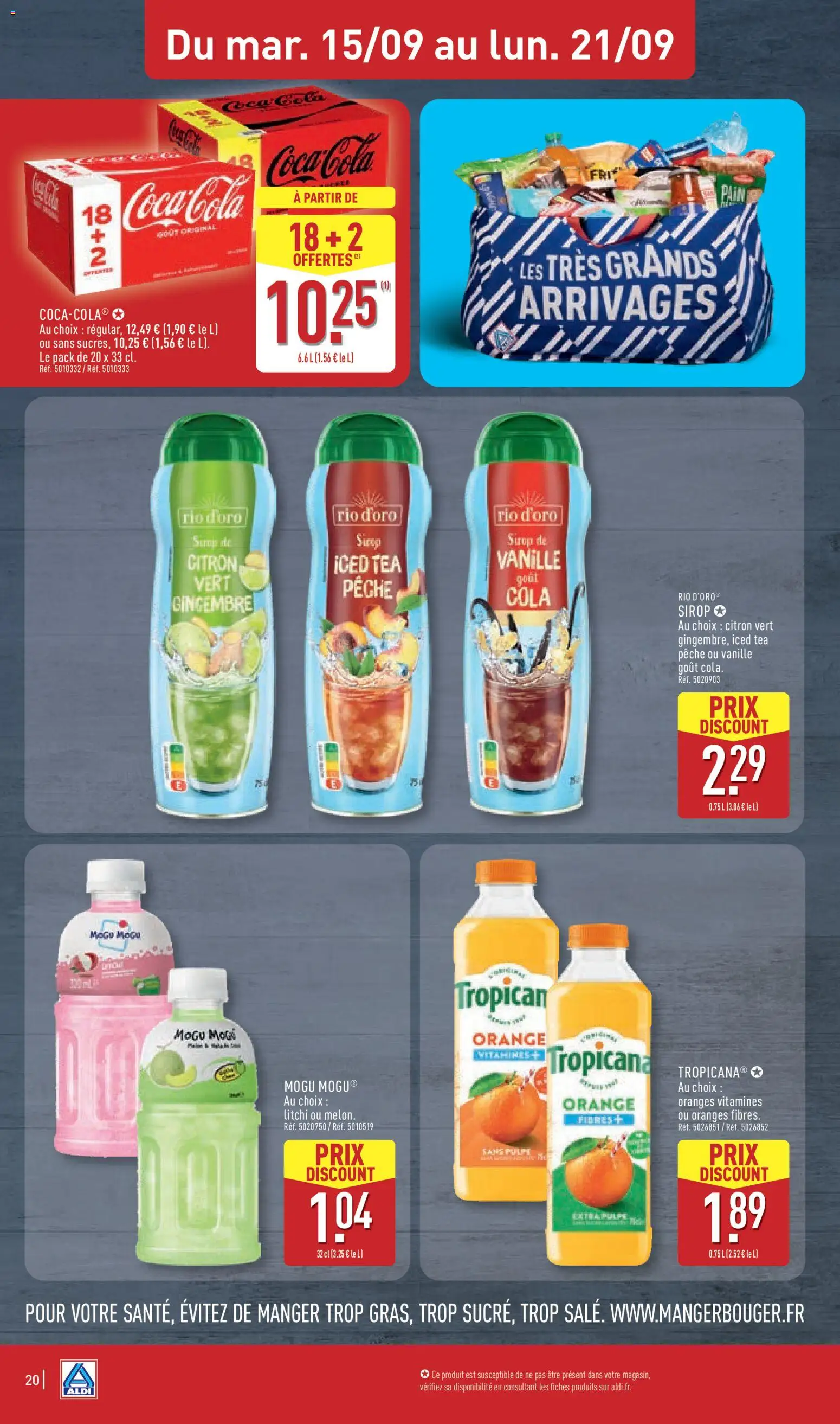 Prévisualisation de Aldi catalogue du magasin Aldi formulaire valide 15/09/2026 - Orange, Pêche, Pain, Litchi, Vanille, Soda, Mogu Mogu, Citron vert
