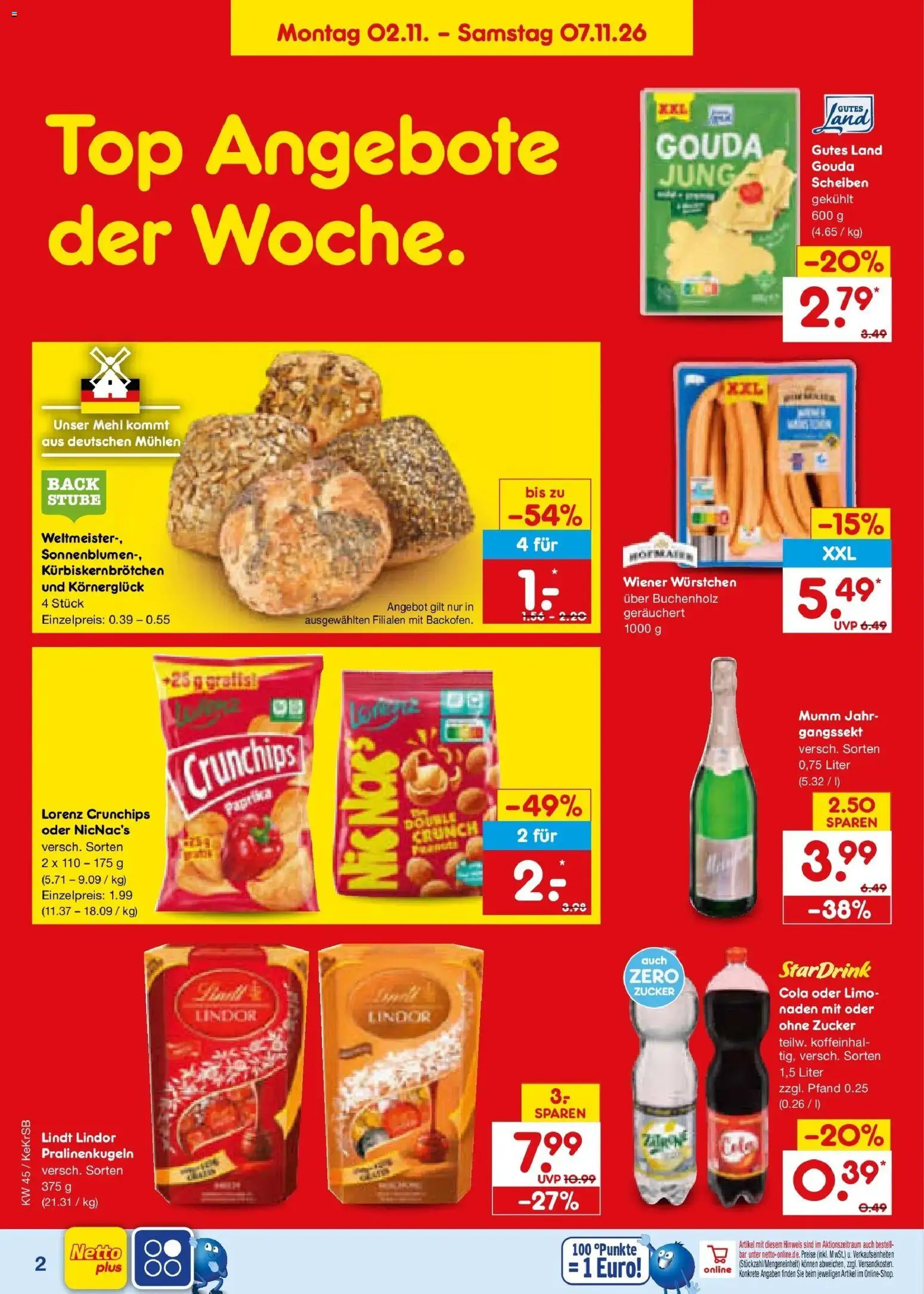 Vorschau von dem Prospekt des Geschäftes Netto Marken-Discount, gültig ab dem 02.11.2026 - Cola, Top, Paprika, Mehl, Zucker, Lindor, Lorenz crunchips, Wiener wurstchen