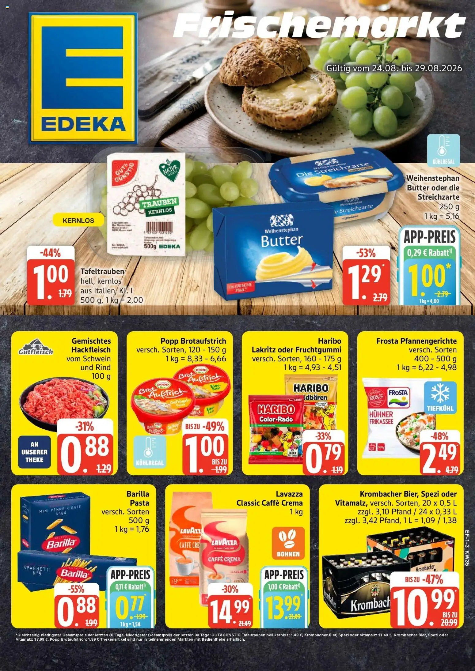 Vorschau von dem Prospekt des Geschäftes Edeka, gültig ab dem 24.08.2026 - Butter, Pasta, Haribo, Brot, Hackfleisch, Lavazza, Frosta, Theke