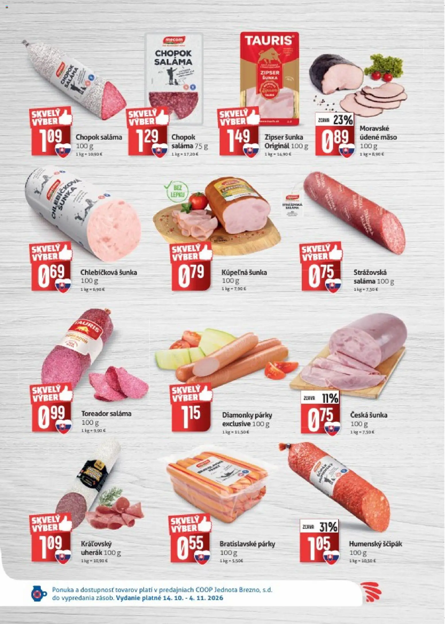 Náhľad COOP Jednota letáku platného od 14.10.2026 - Mäso, Kúpelňa, Šunka, Párky, Saláma, Údené mäso