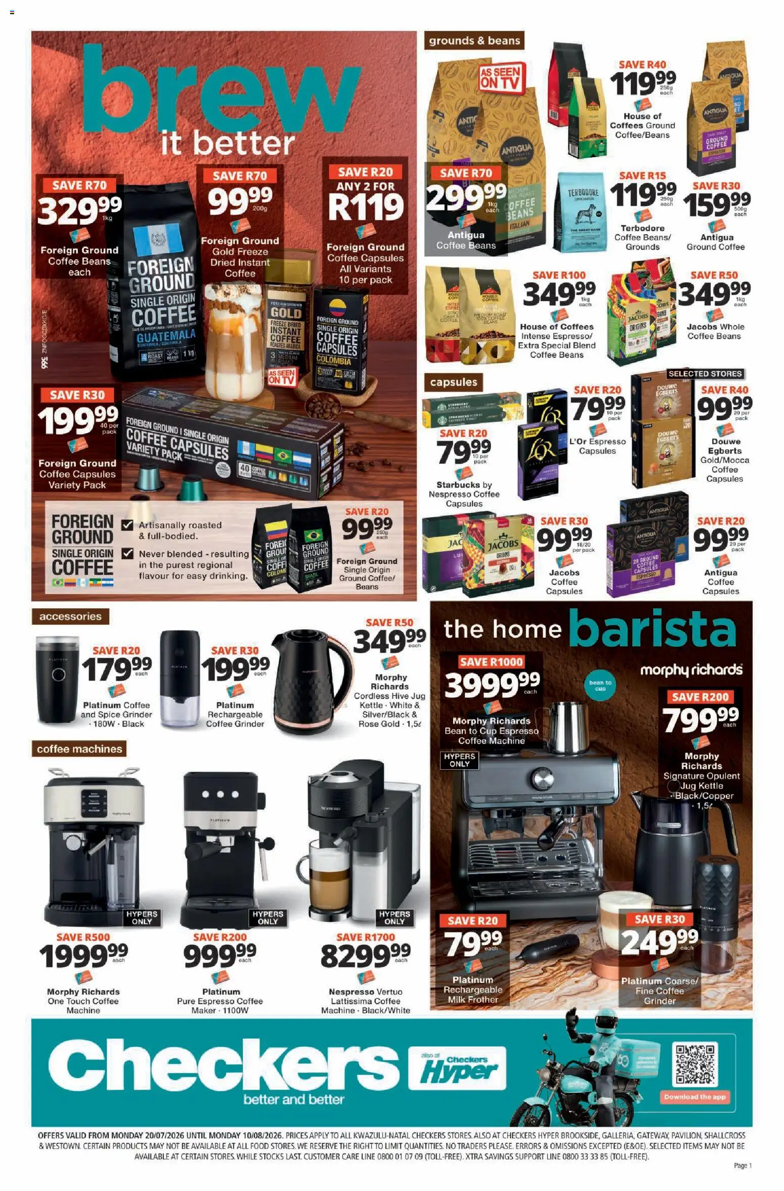 Preview of Checkers flyer valid from 20/07/2026 - Coffee, Kettle, Grinder, Milk, Beans, Coffee beans, Coffee grinder, Instant coffee