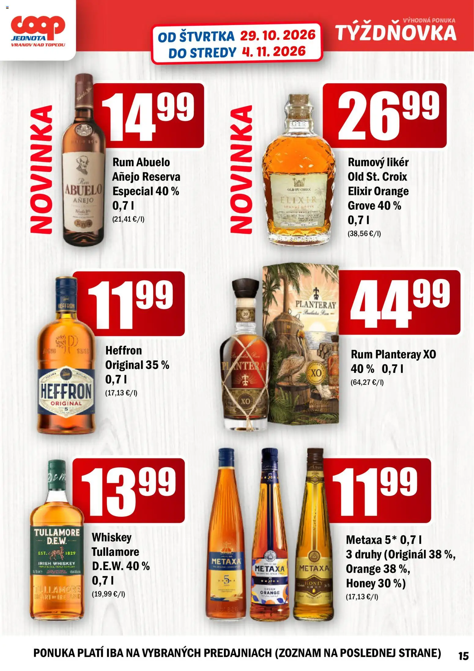 Náhľad COOP Jednota letáku platného od 29.10.2026 - Rum, Metaxa, Metaxa 5*