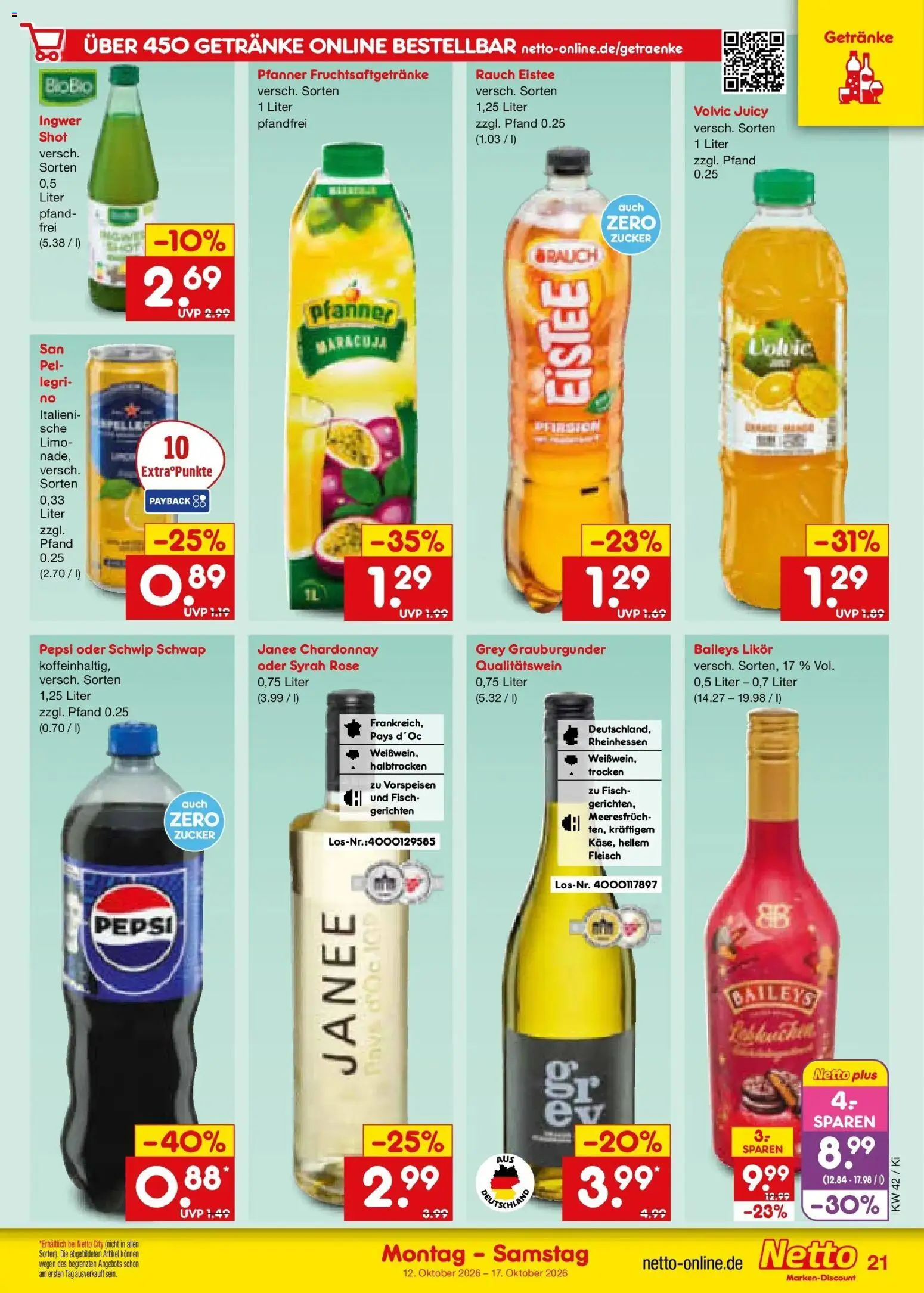 Vorschau von dem Prospekt des Geschäftes Netto Marken-Discount, gültig ab dem 12.10.2026 - Fisch, Baileys, Fleisch, Zucker, Pepsi, Volvic, Likör, Schwip schwap