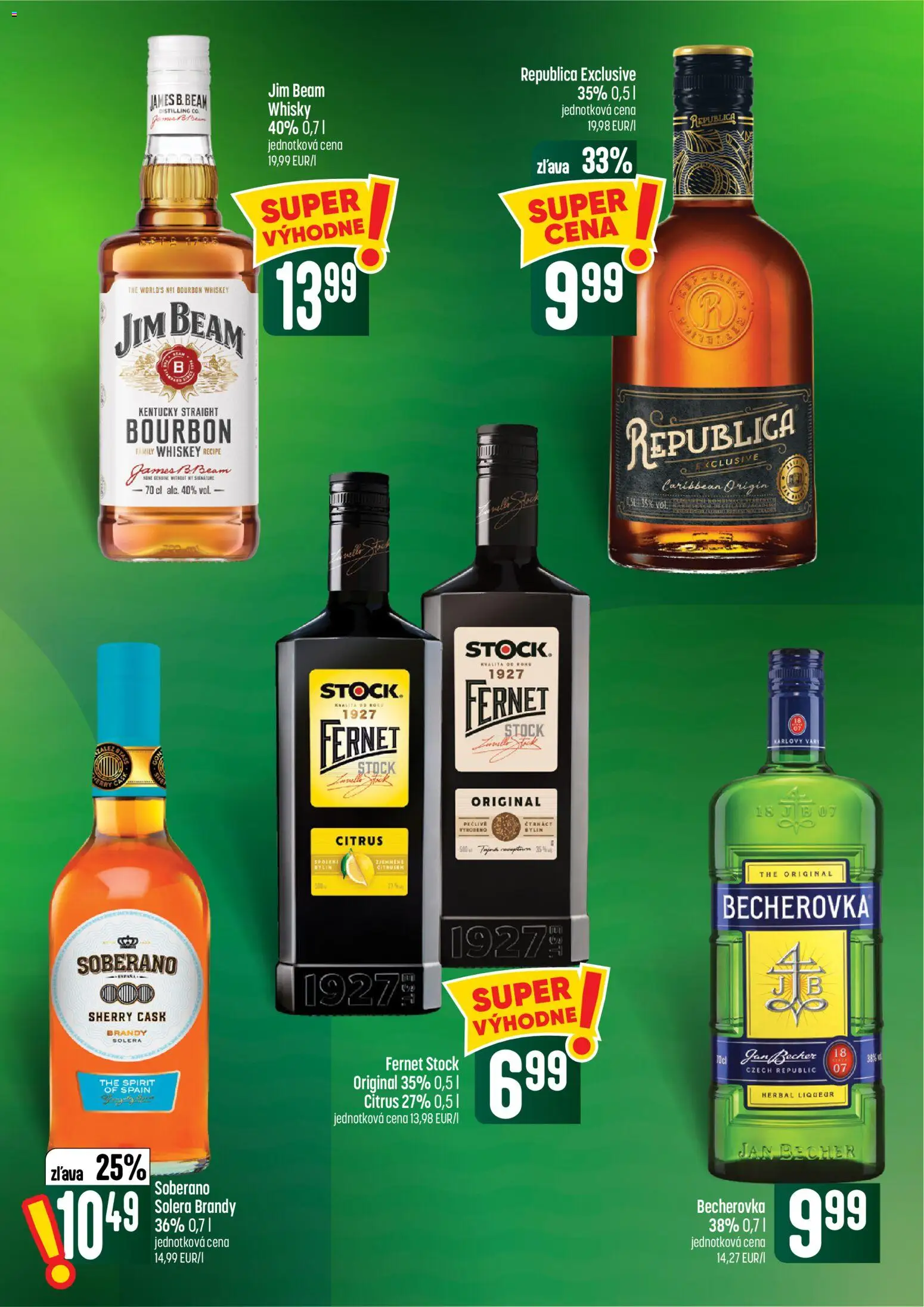 Náhľad COOP Jednota letáku platného od 08.10.2026 - Whisky, Becherovka, Jim Beam, Bourbon, Brandy, Fernet, Soberano, Fernet Stock