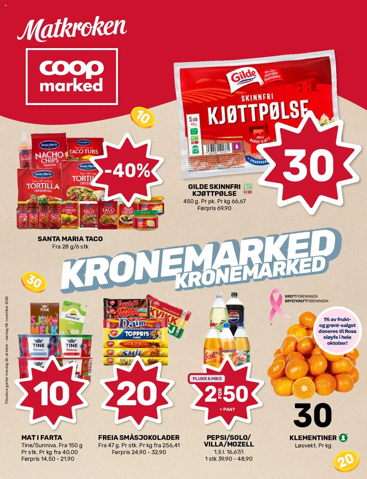 Forhåndsvis Coop Marked kundeavis fra butikk Coop Marked gyldig fra 26/10/2026 - Frukt, Melk, Chips, 1, Tortilla, Pepsi, Sløyfe, Mat
