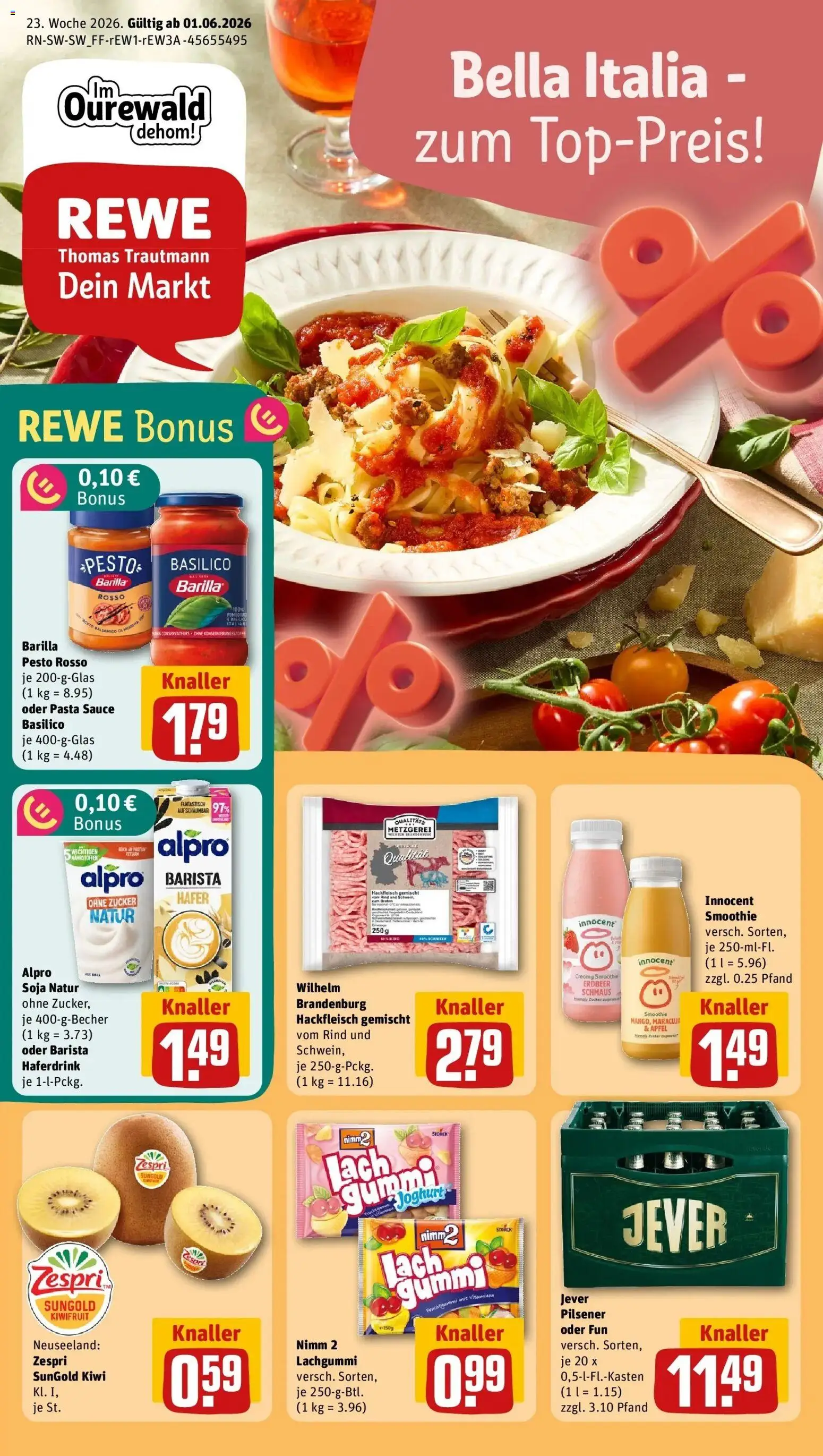 Vorschau von dem Prospekt des Geschäftes Rewe, gültig ab dem 01.06.2026 - Äpfel, Kiwi, Jever, Zucker, Barilla, Barilla pesto, Alpro, Haferdrink