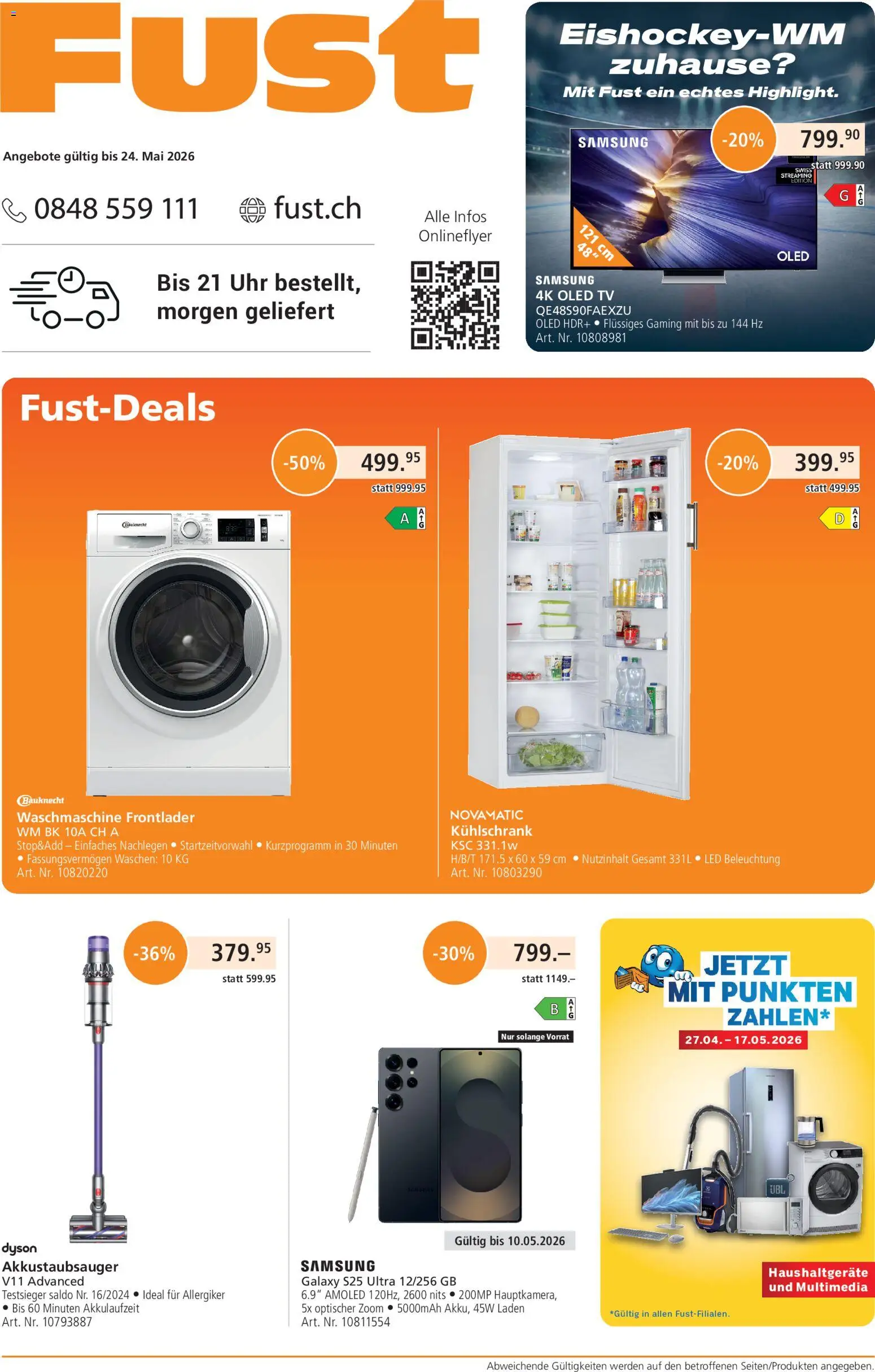 Vorschau des Merkblatts Fust aktionen vom Shop Fust gültig von 01.05.2026 bis 24.05.2026 - Samsung, Dyson, Uhr, TV, Kühlschrank, Waschmaschine
