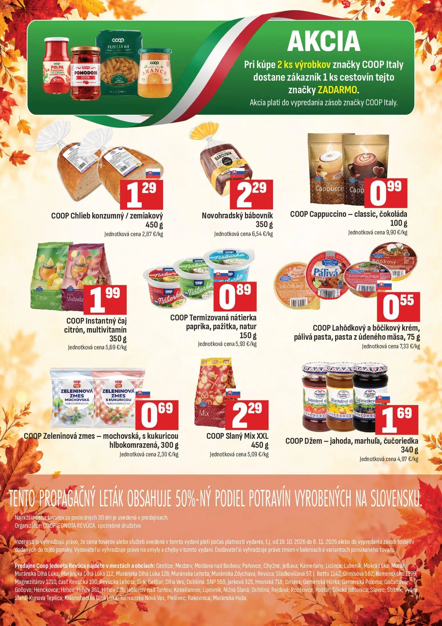Náhľad COOP Jednota letáku platného od 19.10.2026 - Čokoláda, Chlieb, Fusilli, Multivitamín, Nátierka, Krém, Džem, Zeleninová zmes
