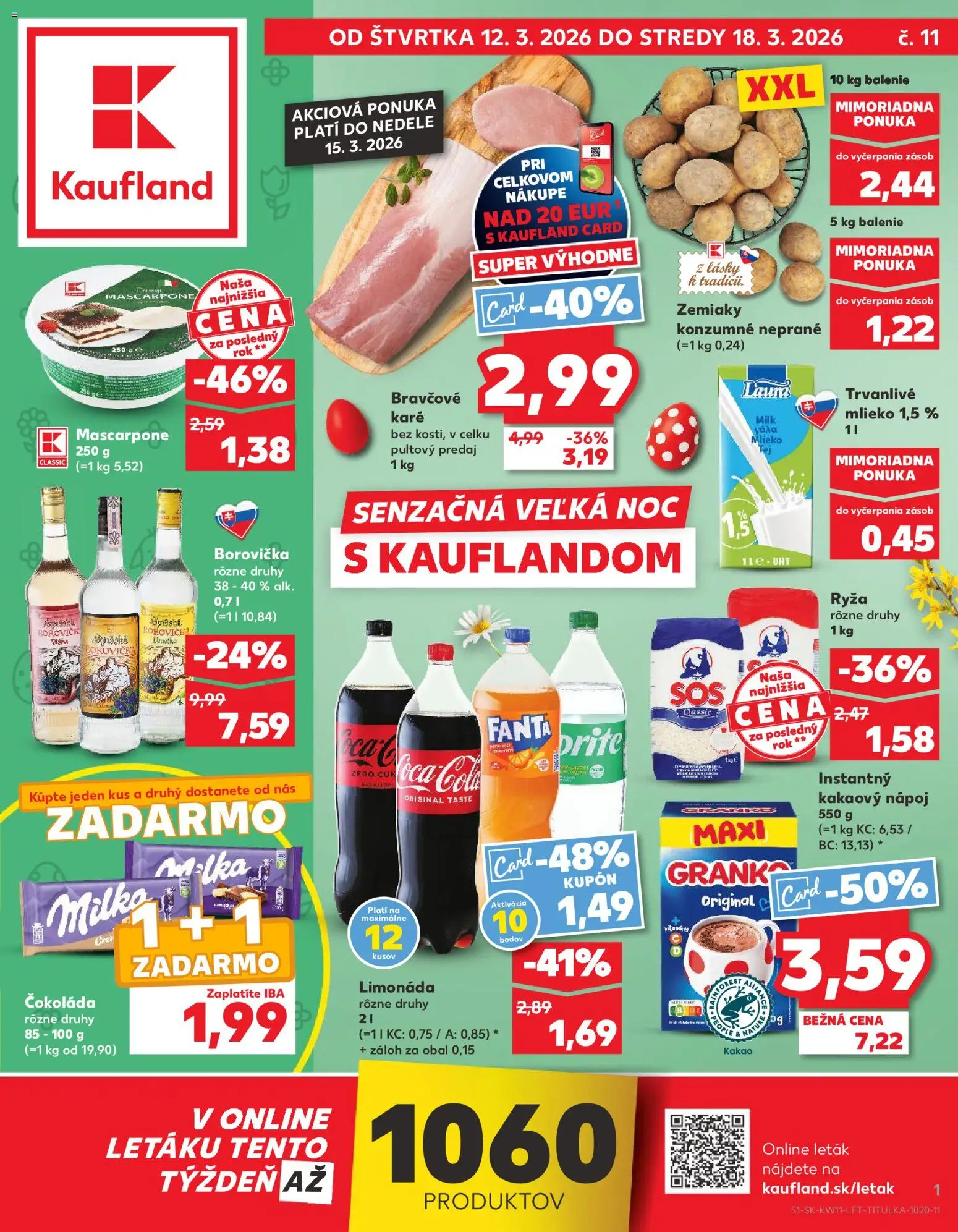 Náhľad Kaufland letáku platného od 12.03.2026 - Čokoláda, Coca cola, Bravčové karé, Mlieko, Kakao, Granko, Limonáda, Trvanlivé mlieko