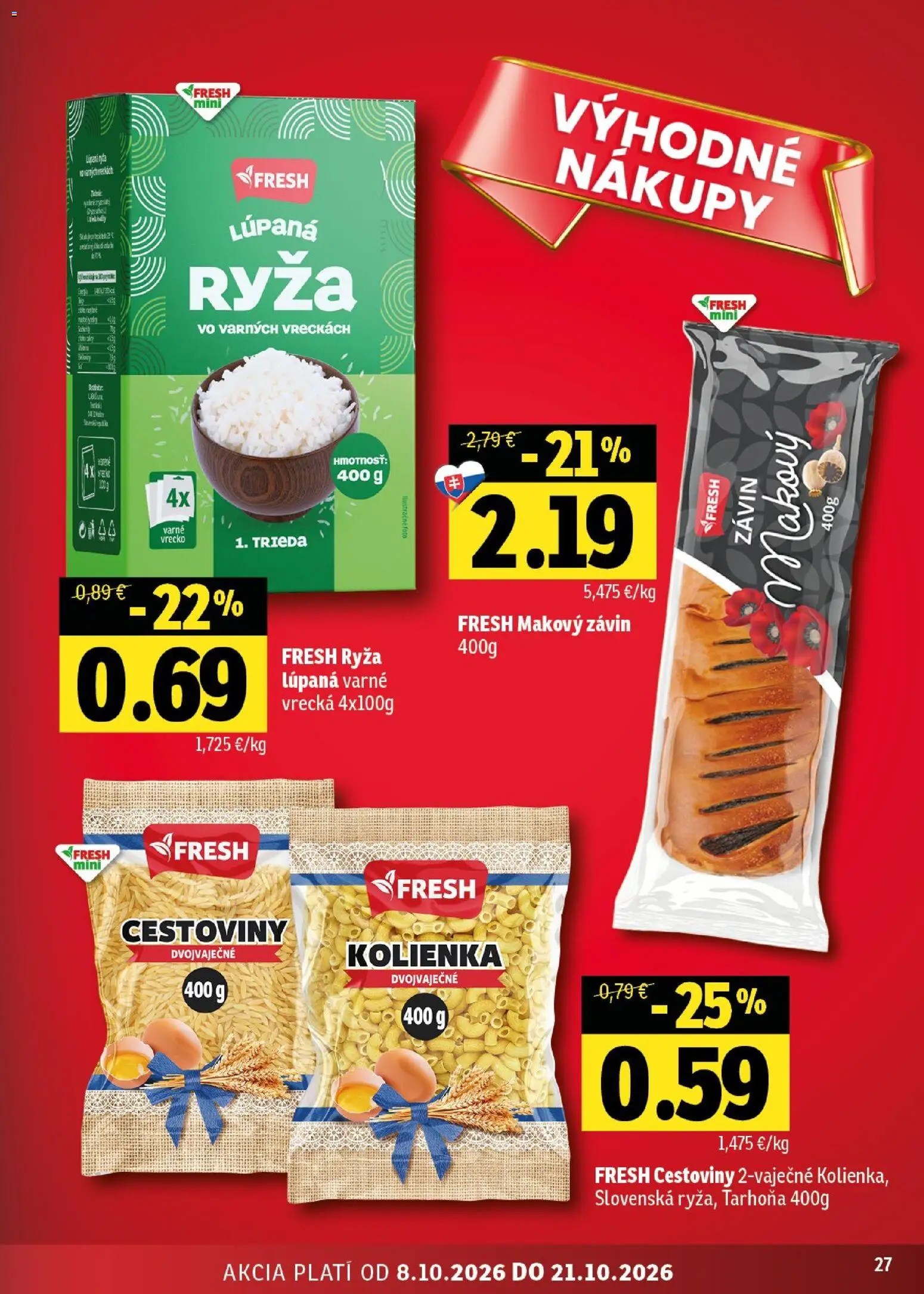 Náhľad Fresh letáku platného od 08.10.2026 - Cestoviny, Ryža, Tarhoňa, Závin