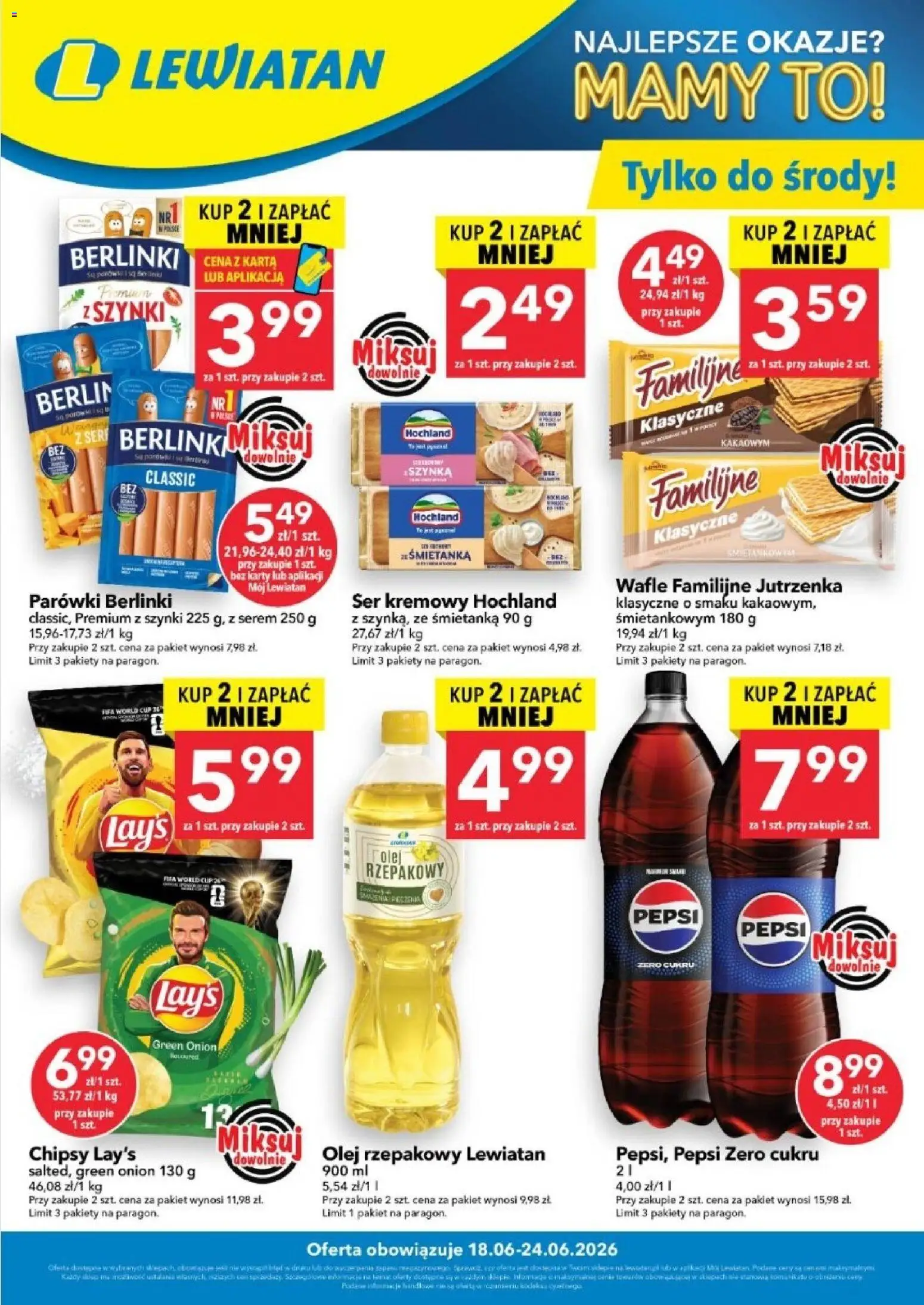 Pogląd gazetki "Lewiatan gazetka - W wielopakach taniej" ze sklepu Lewiatan ważnej od 18.06.2026 - Ser, Pepsi, Olej, Olej rzepakowy, Wafle, Berlinki, Pepsi Zero, Parówki berlinki