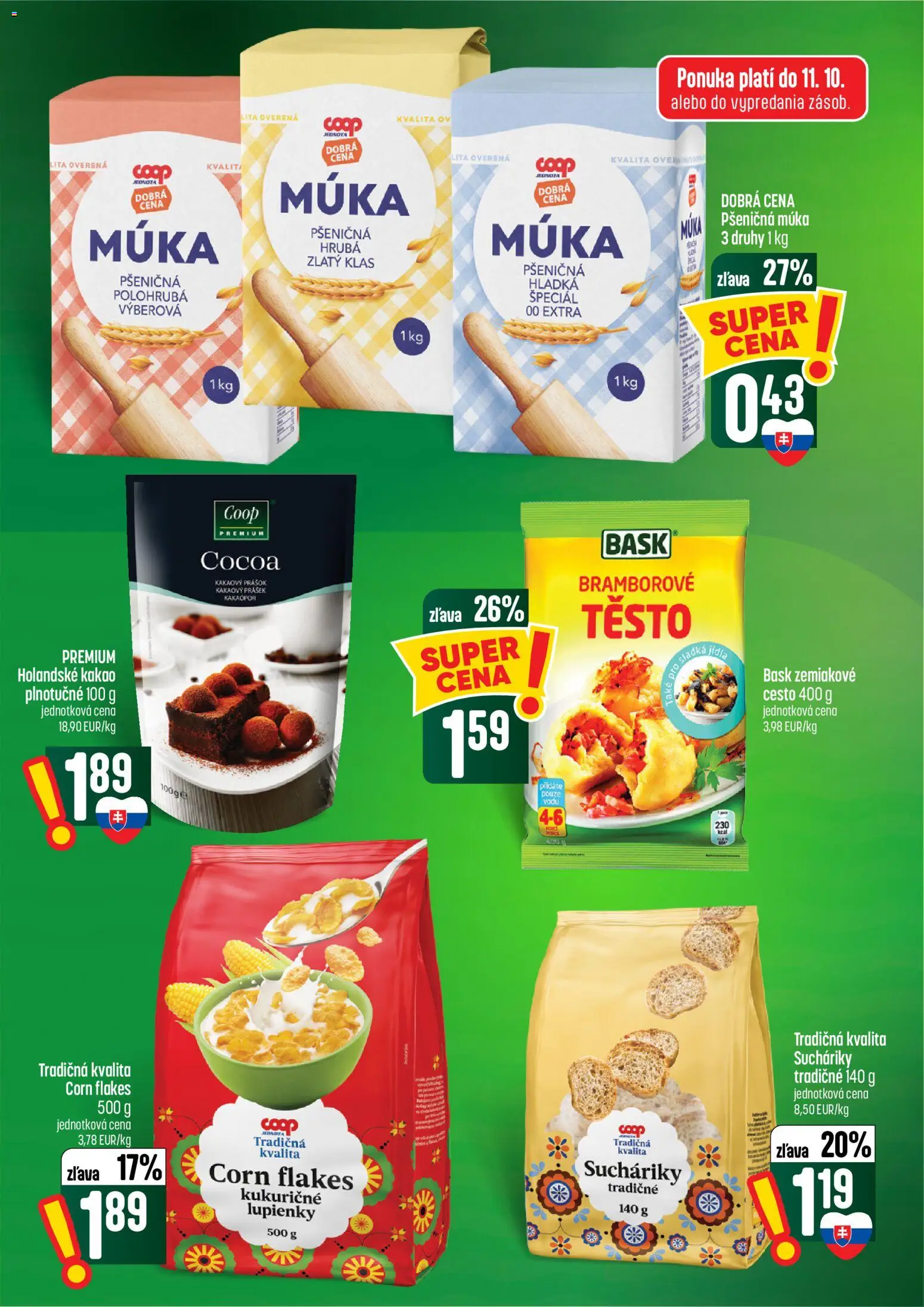 Náhľad COOP Jednota letáku platného od 08.10.2026 - Kakao, Cesto, Múka, Zlatý klas, Holandské kakao, Pšeničná múka