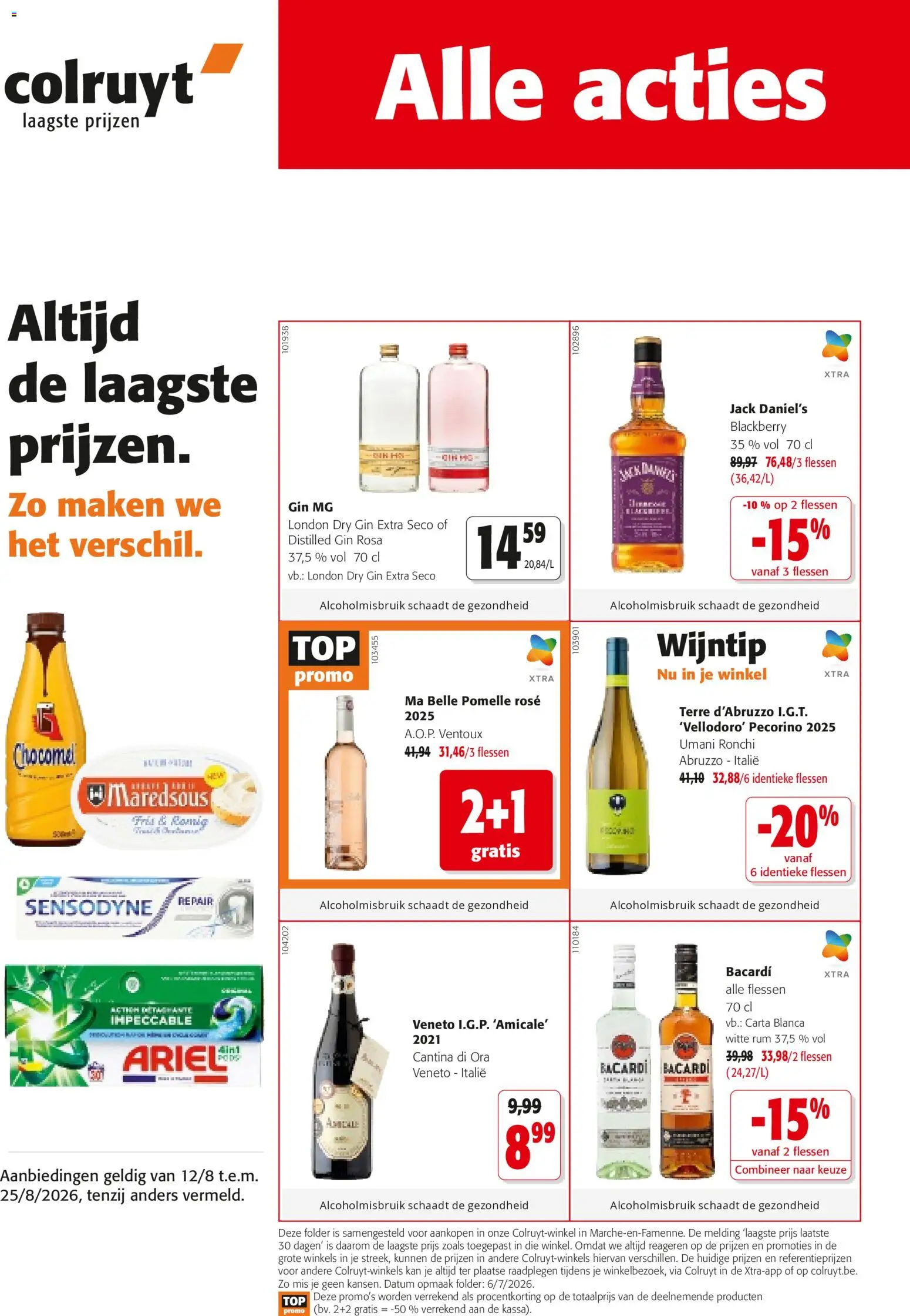 Voorbeeld van Colruyt Folder / Publicité van winkel Colruyt geldig vanaf 12/08/2026 - Pin, Gin, Bacardi, Rum, Kan, Witte rum, Jack Daniel’s