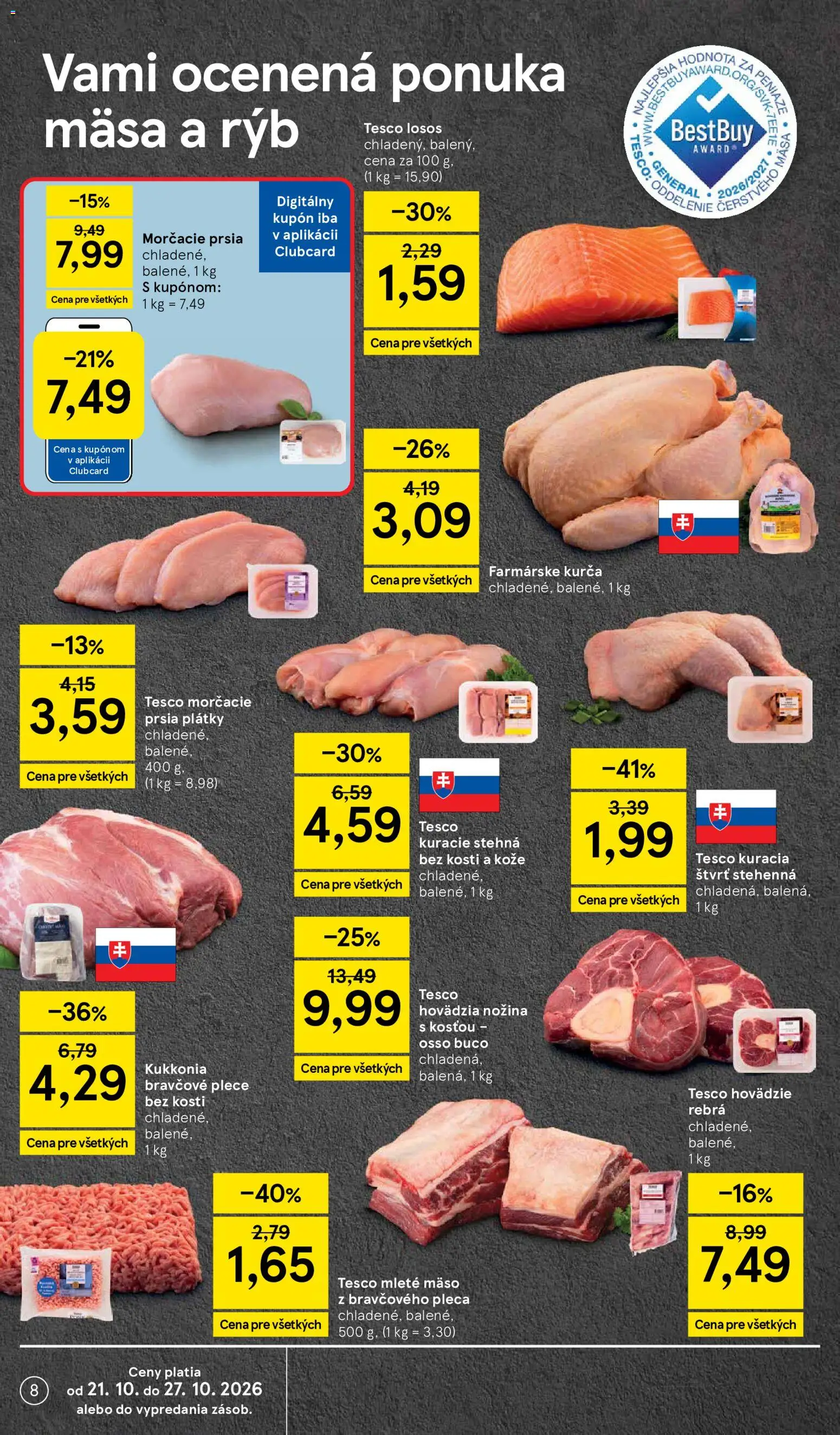 Náhľad Tesco letáku platného od 21.10.2026 - Mäso, Kuracie stehná, Losos, Morčacie prsia, Mleté mäso, Kurča, Bravčové plece, Stehná