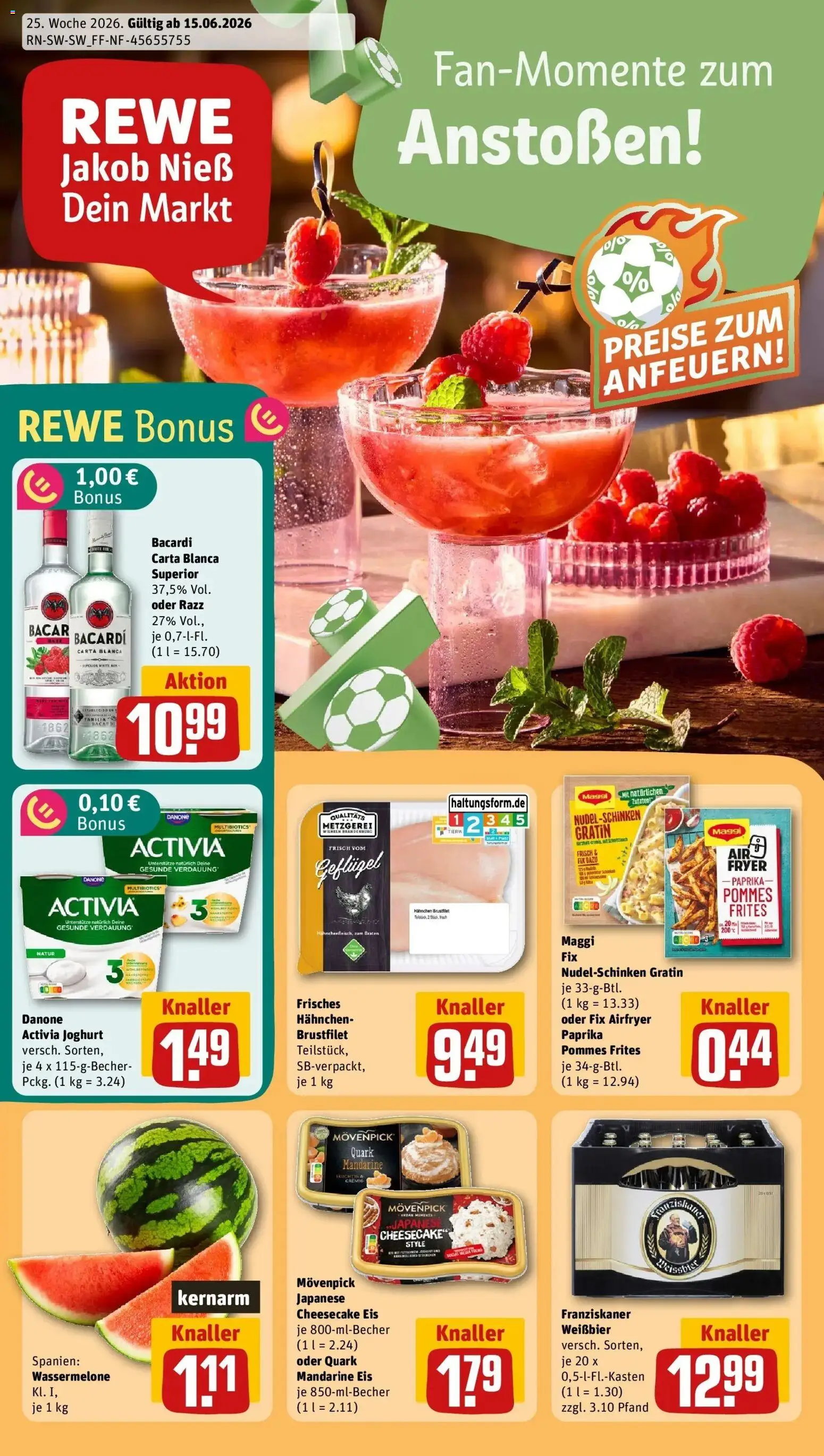 Vorschau von dem Prospekt des Geschäftes Rewe, gültig ab dem 14.06.2026 - Eis, Pommes, Quark, Wassermelone, Pommes frites, Maggi fix, Weißbier, Activia