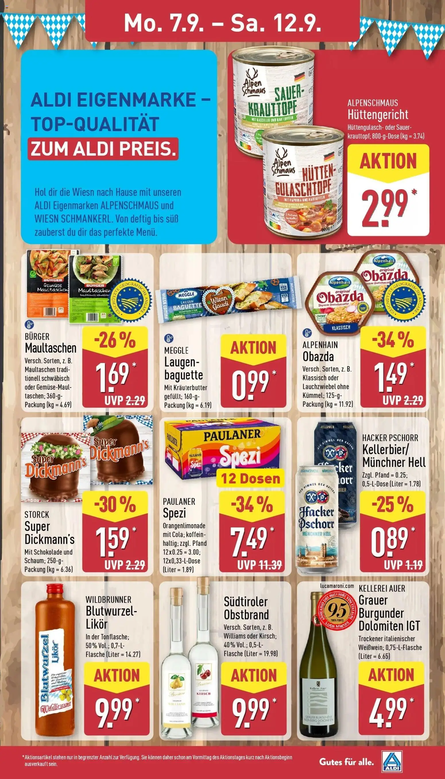 Vorschau von dem Prospekt des Geschäftes Aldi, gültig ab dem 07.09.2026 - Schokolade, Bier, Gemüse, Baguette, Maultaschen, Paprika, Kartoffeln, Likör