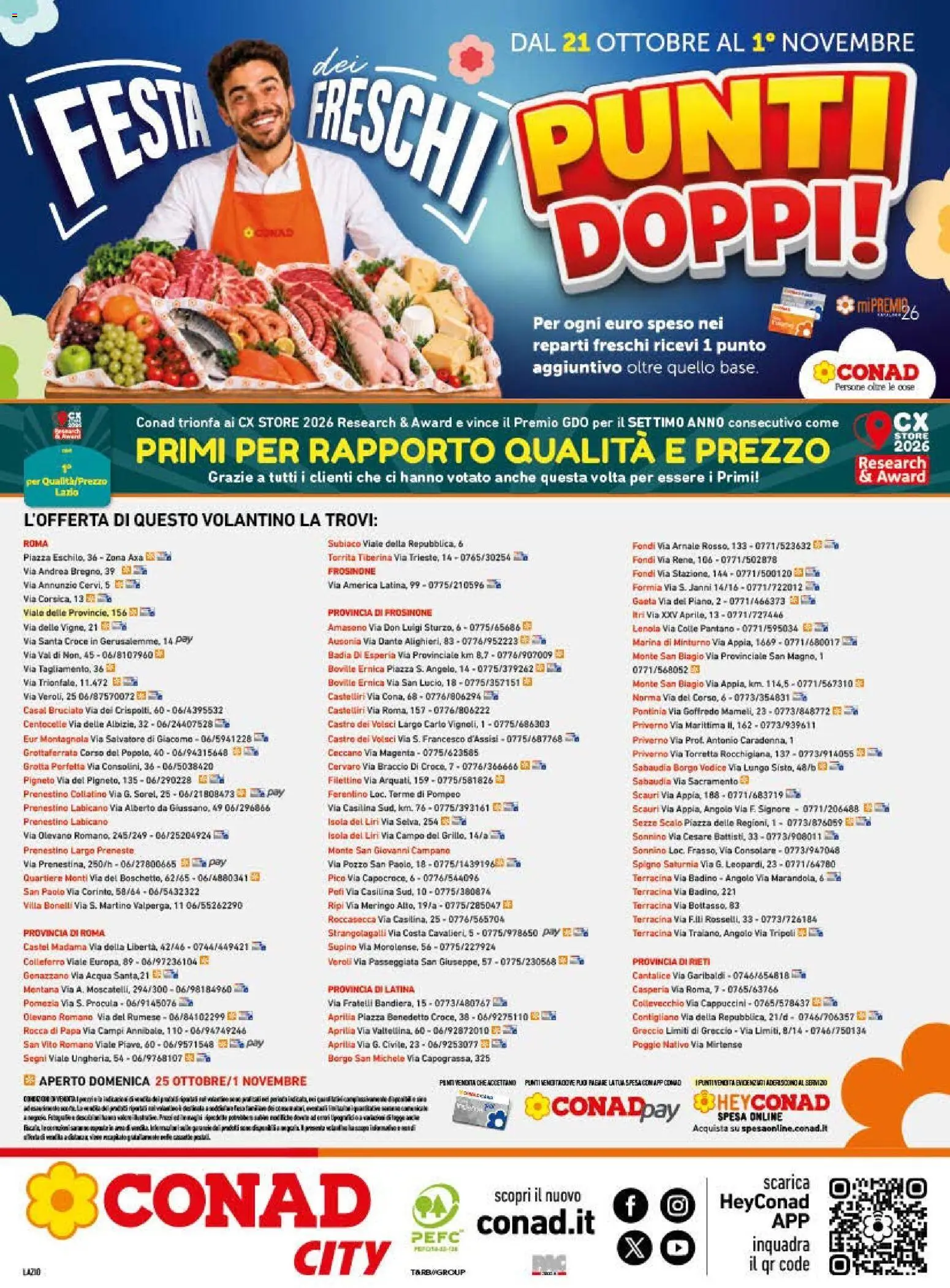 Anteprima dell'opuscolo Conad volantino City Lazio dal negozio Conad valido da 21/10/2026 - Acqua, Formaggio, Salmone, Speck, Prosciutto, Cetriolo, Prosciutto Cotto, Bistecca