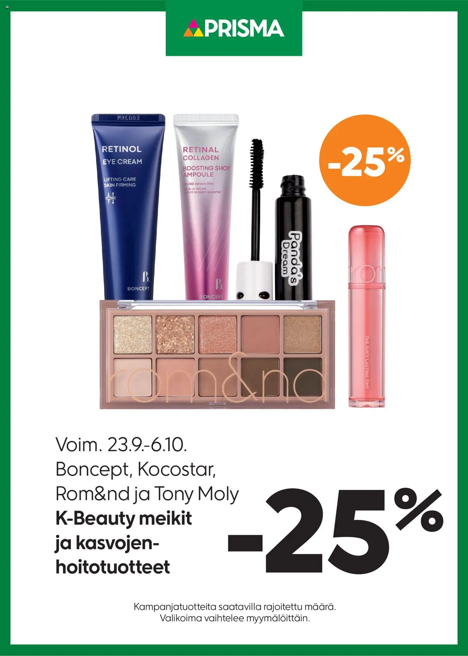 Kaupan Prisma Prisma Boncept, Kocostar, Rom&nd ja Tony Moly esikatselu, voimassa 23/09/2026