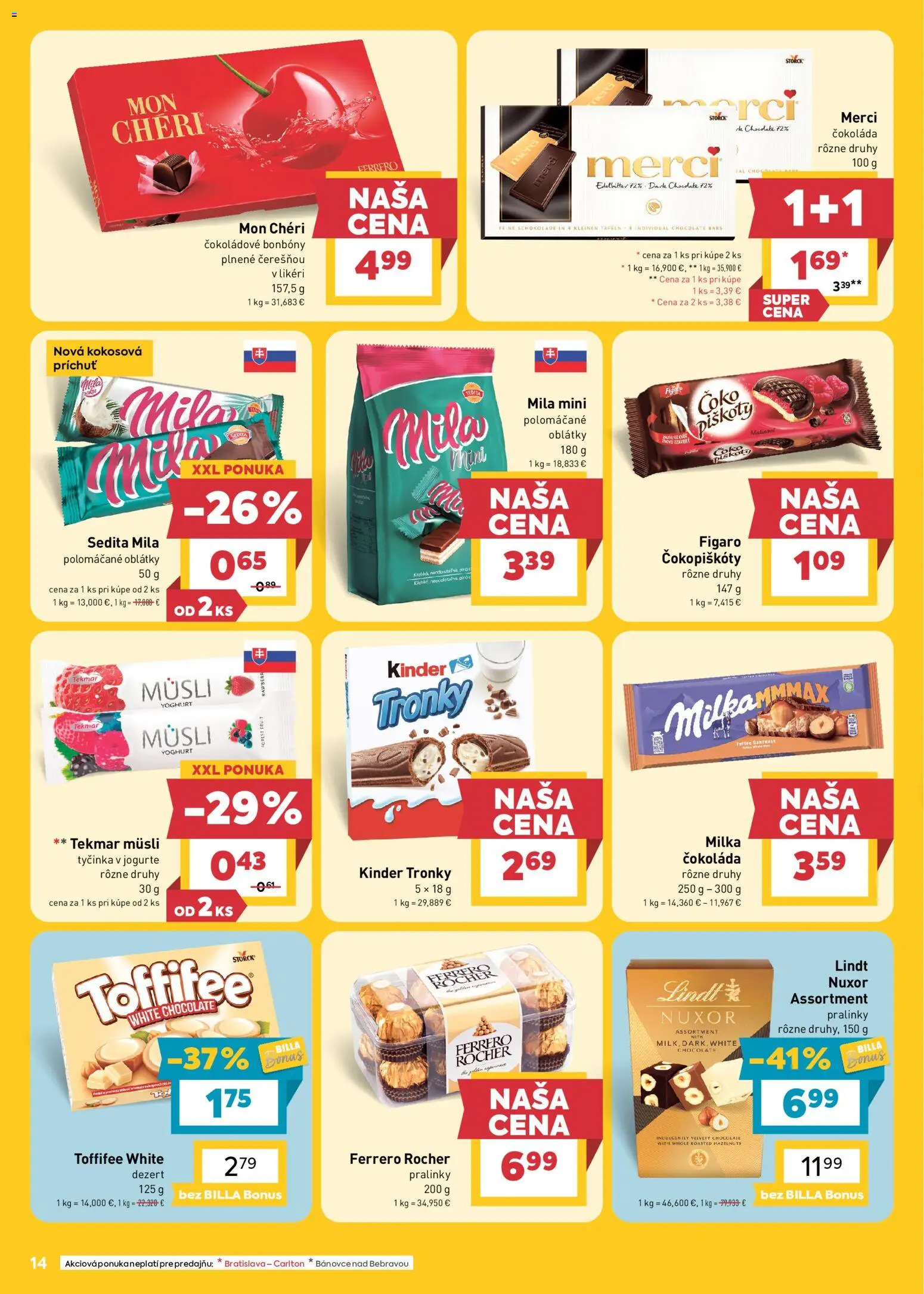 Náhľad Billa letáku platného od 07.10.2026 - Čokoláda, Kinder, Milka, Dezert, Merci, Toffifee, Mila, Müsli