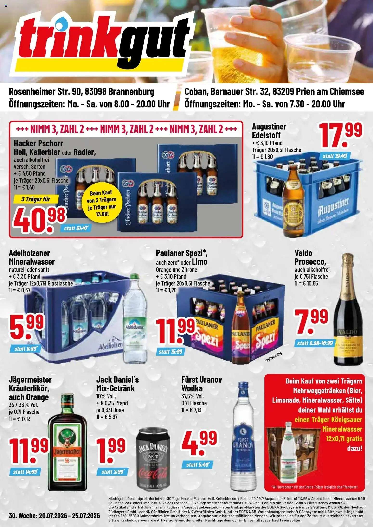 Vorschau von dem Prospekt des Geschäftes Trinkgut, gültig ab dem 20.07.2026 - Uhr, Jägermeister, Mineralwasser, Zitrone, Paulaner, Radler, Adelholzener, Mixgetränk