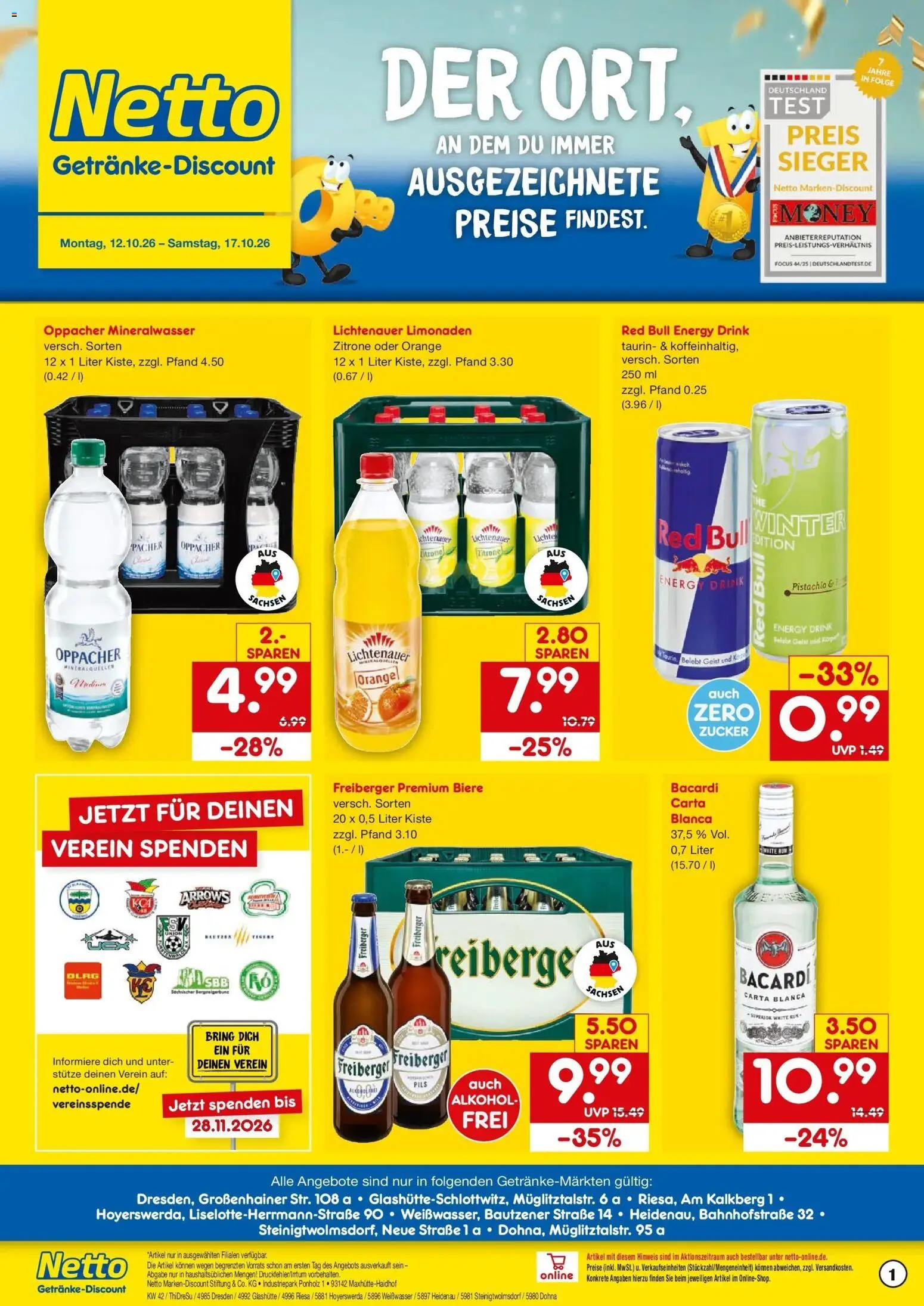Vorschau von dem Prospekt des Geschäftes Netto Marken-Discount, gültig ab dem 12.10.2026 - Mineralwasser, Alkohol, Bacardi, Rum, Zucker, Zitrone, Energy, Pils