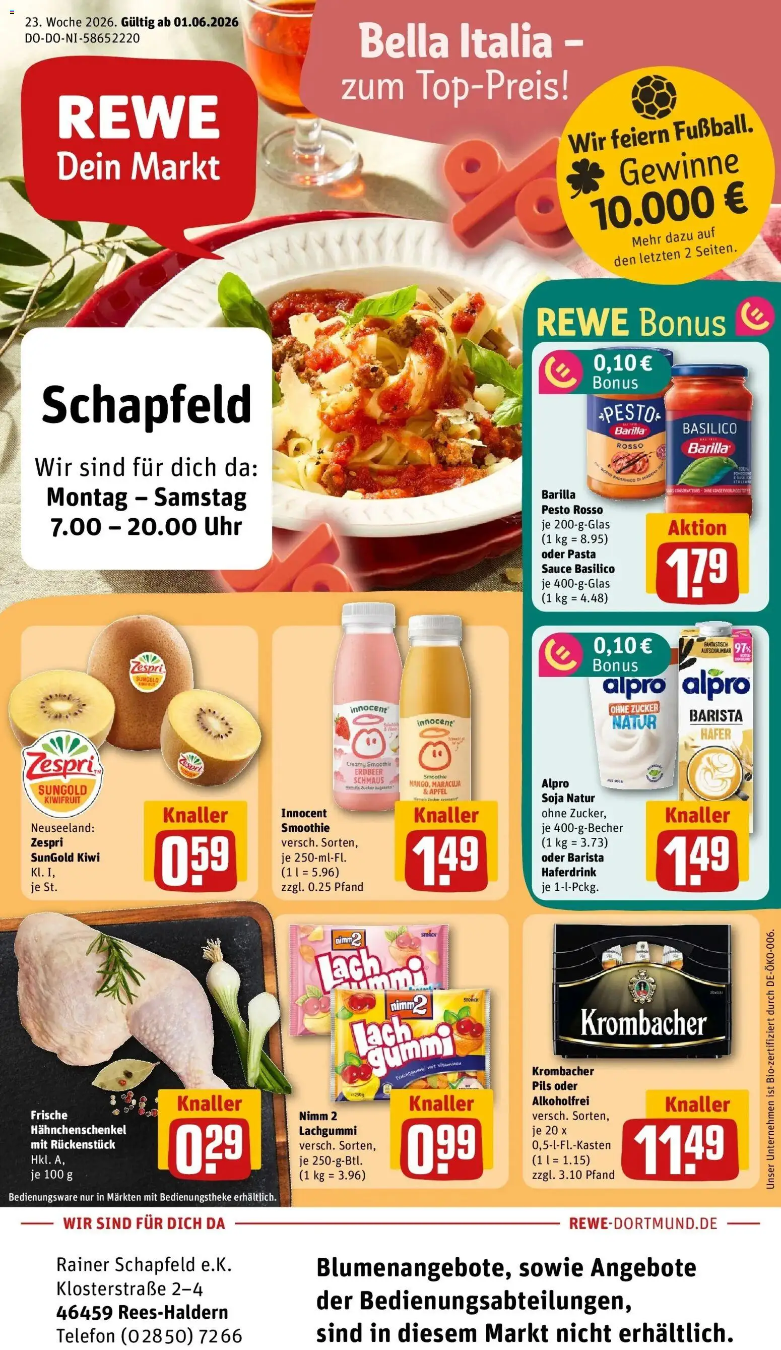 Vorschau von dem Prospekt des Geschäftes Rewe, gültig ab dem 01.06.2026 - Uhr, Telefon, Pasta, Kiwi, Krombacher, Barilla pesto, Alpro, Haferdrink