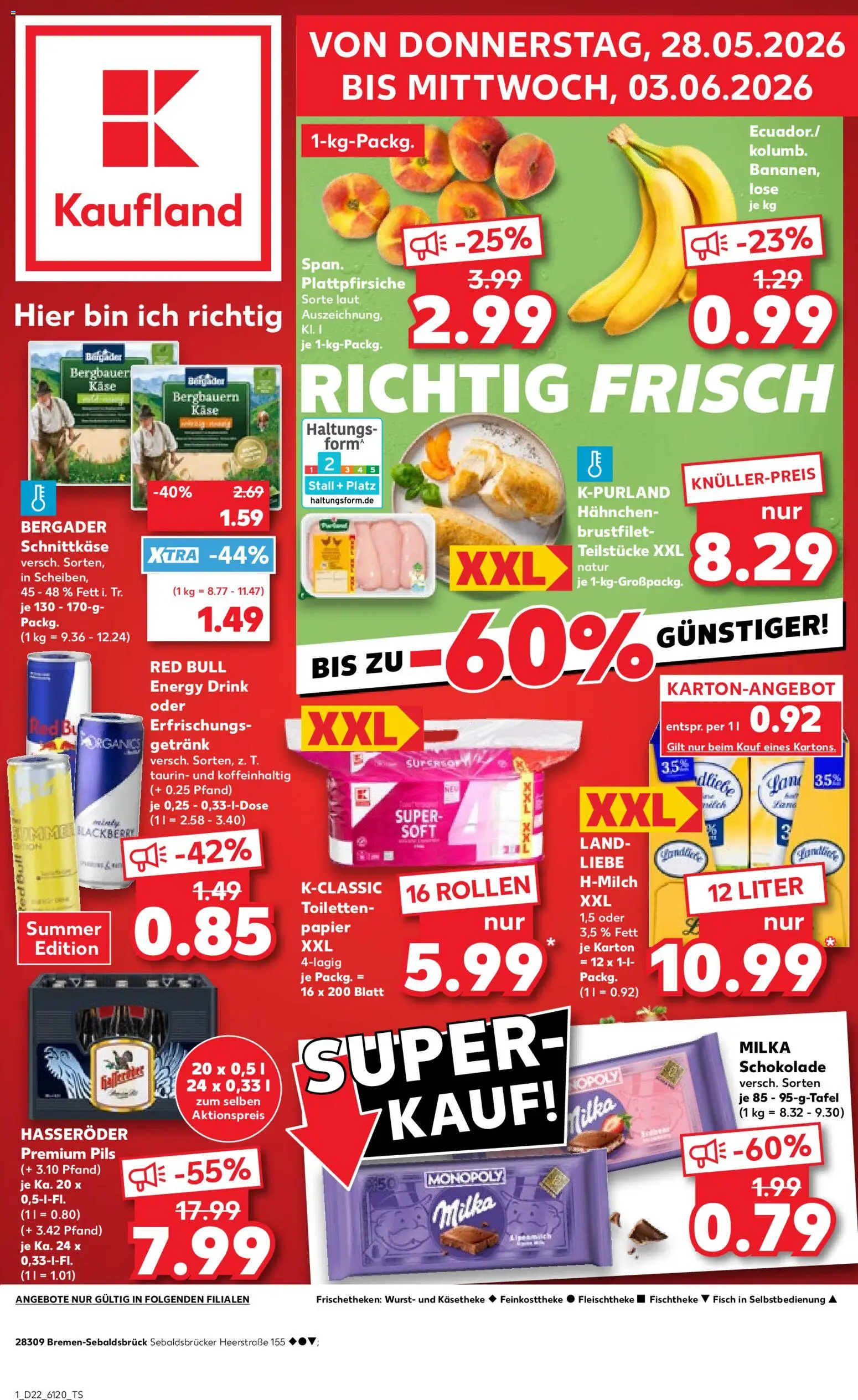 Vorschau von dem Prospekt des Geschäftes Kaufland, gültig ab dem 28.05.2026 - Fisch, Bananen, Toilettenpapier, Milka schokolade, Milka, Hasseröder, Pils, Hahnchen