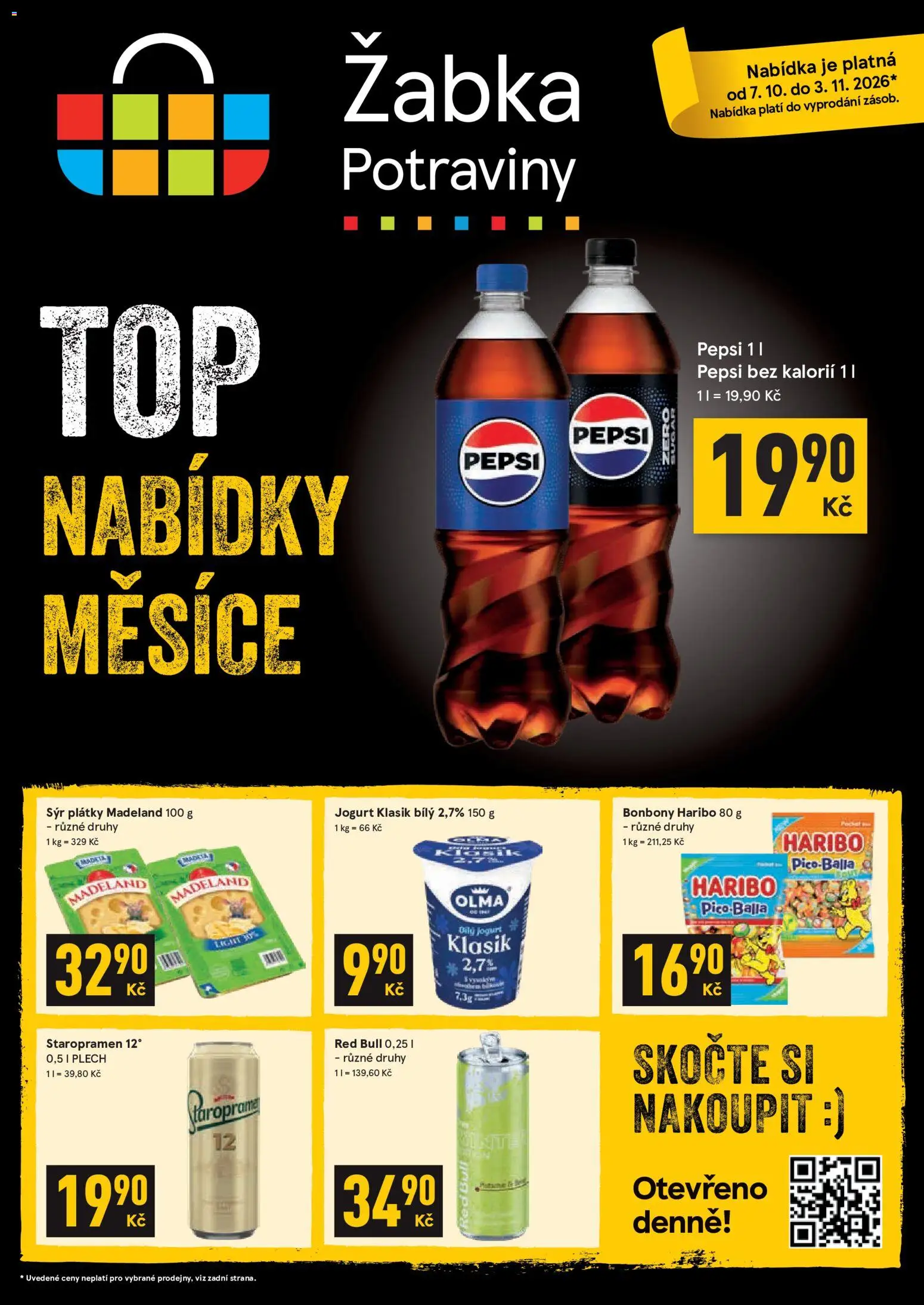 Náhled nabídky: Žabka Žabka leták platný od 07.10.2026 - Potraviny, Red Bull, Sýr, Staropramen, Jogurt, Haribo, Pepsi, Plech