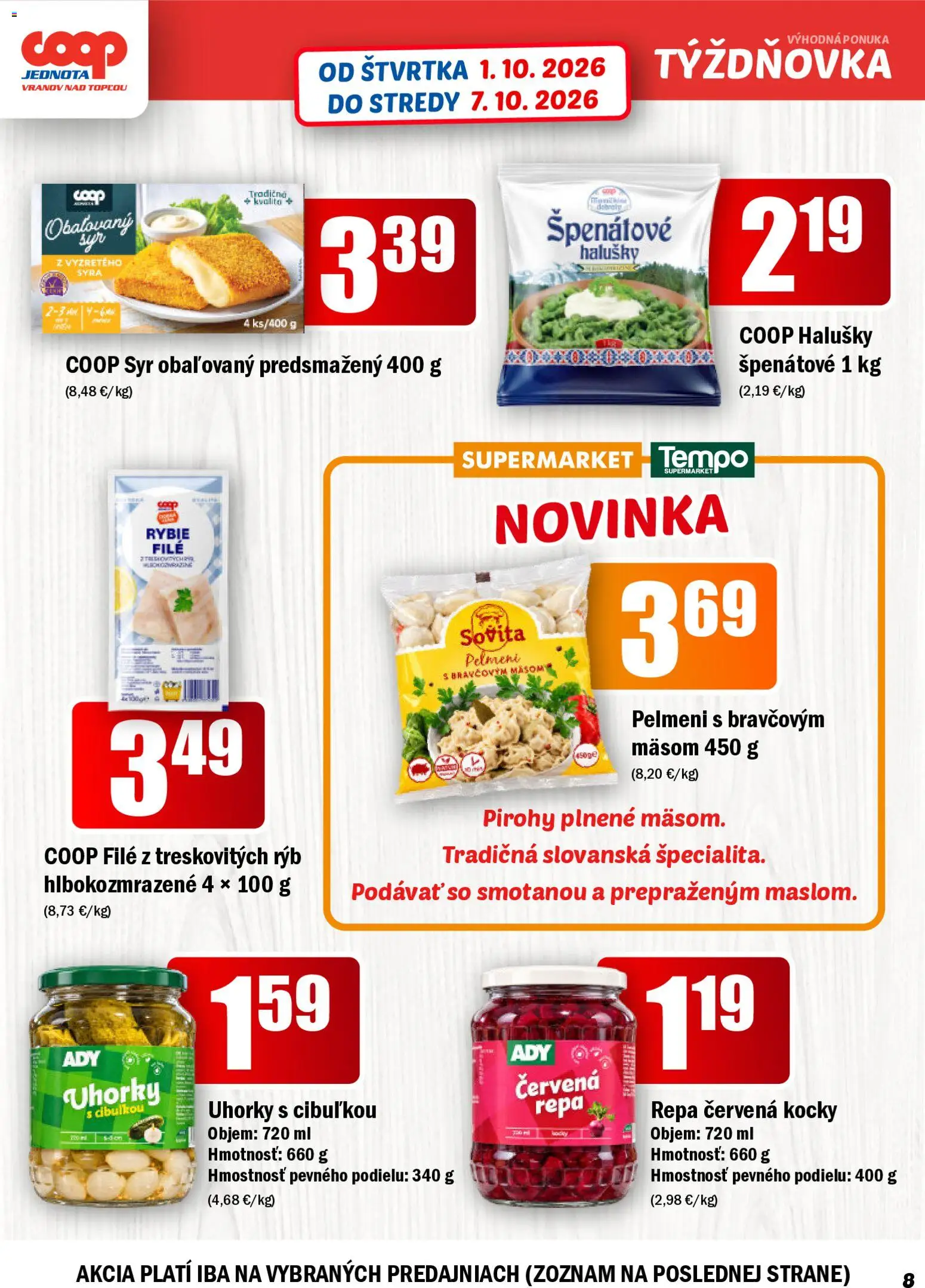 Náhľad COOP Jednota letáku platného od 01.10.2026 - Syr, Pirohy, Rybie filé, Repa, Uhorky, Filé