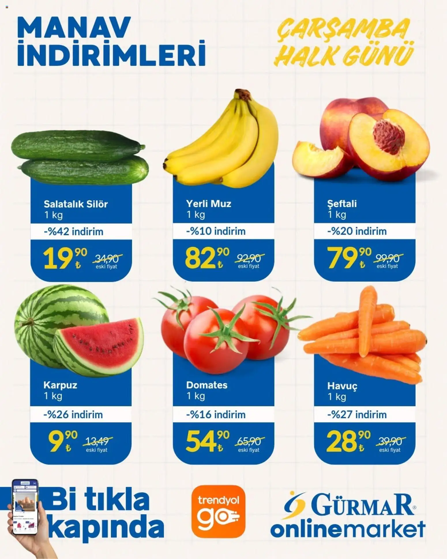 Gürmar Gürmar - Manav İndirimleri 29.07.2026 - Broşürünün önizlemesi - Karpuz, Domates, Muz, Şeftali, Havuç, Salatalık