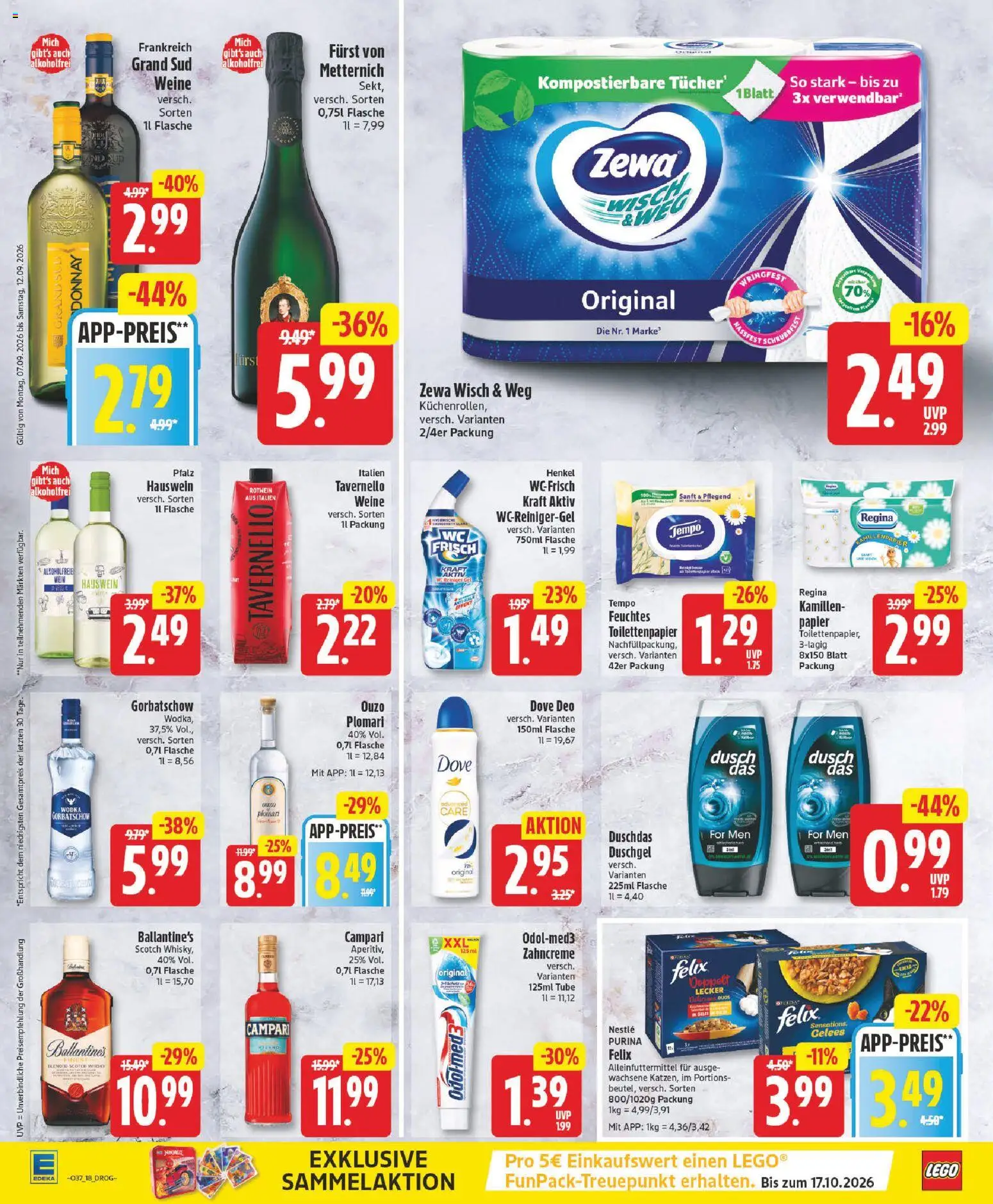 Vorschau von dem Prospekt des Geschäftes Edeka, gültig ab dem 07.09.2026 - Wein, Toilettenpapier, Ouzo, Wodka gorbatschow, Tempo, Duschgel, Feuchtes Toilettenpapier, Duschdas
