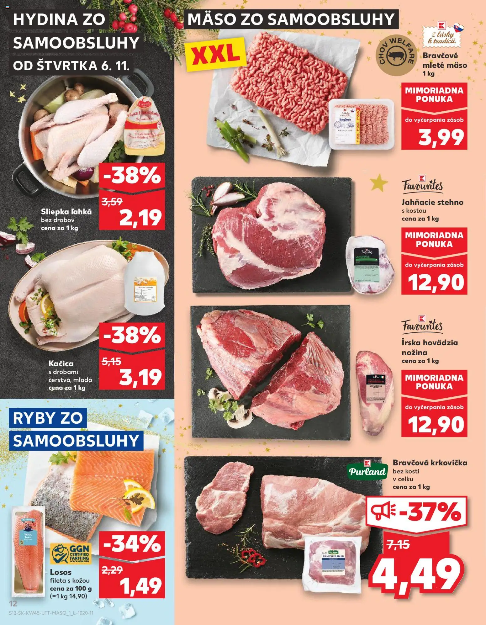 Náhľad Kaufland letáku platného od 06.11.2025 - Mäso, Ryby, Losos, Krkovička, Kačica, Bravčová krkovička, Mleté mäso