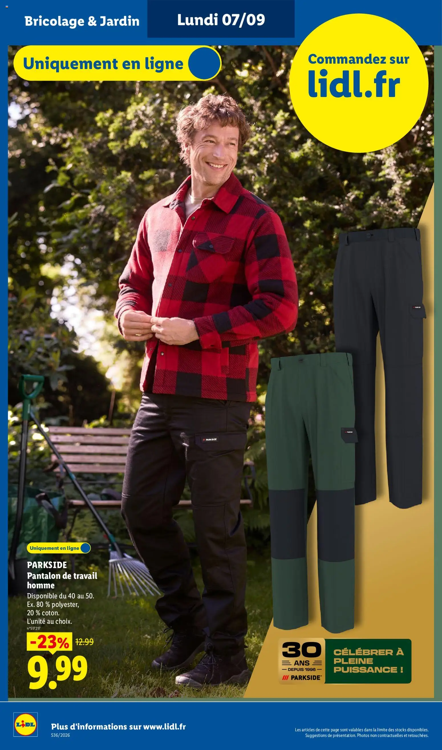 Prévisualisation de LIDL catalogue les bonnes affaires Exclu Web du magasin LIDL formulaire valide 07/09/2026 - Bricolage, Parkside, Pantalon, Pantalon de travail homme, Pantalon de travail