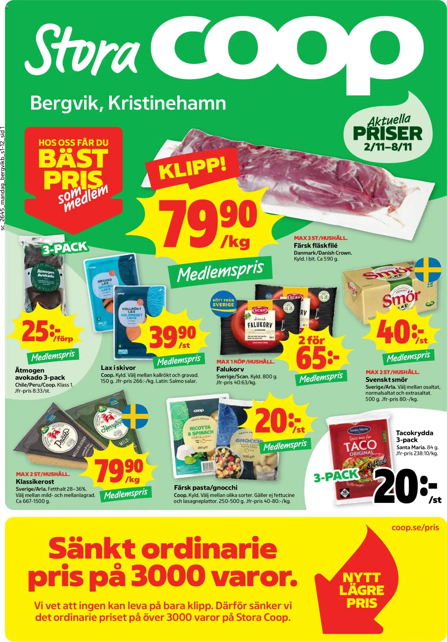 Förhandsgranska reklamblad Stora Coop erbjudanden från butik Stora Coop gäller från 02/11/2026 - Falukorv, Lax, Ricotta, Smör, Kött, Avokado, Tacokrydda, Fläskfilé
