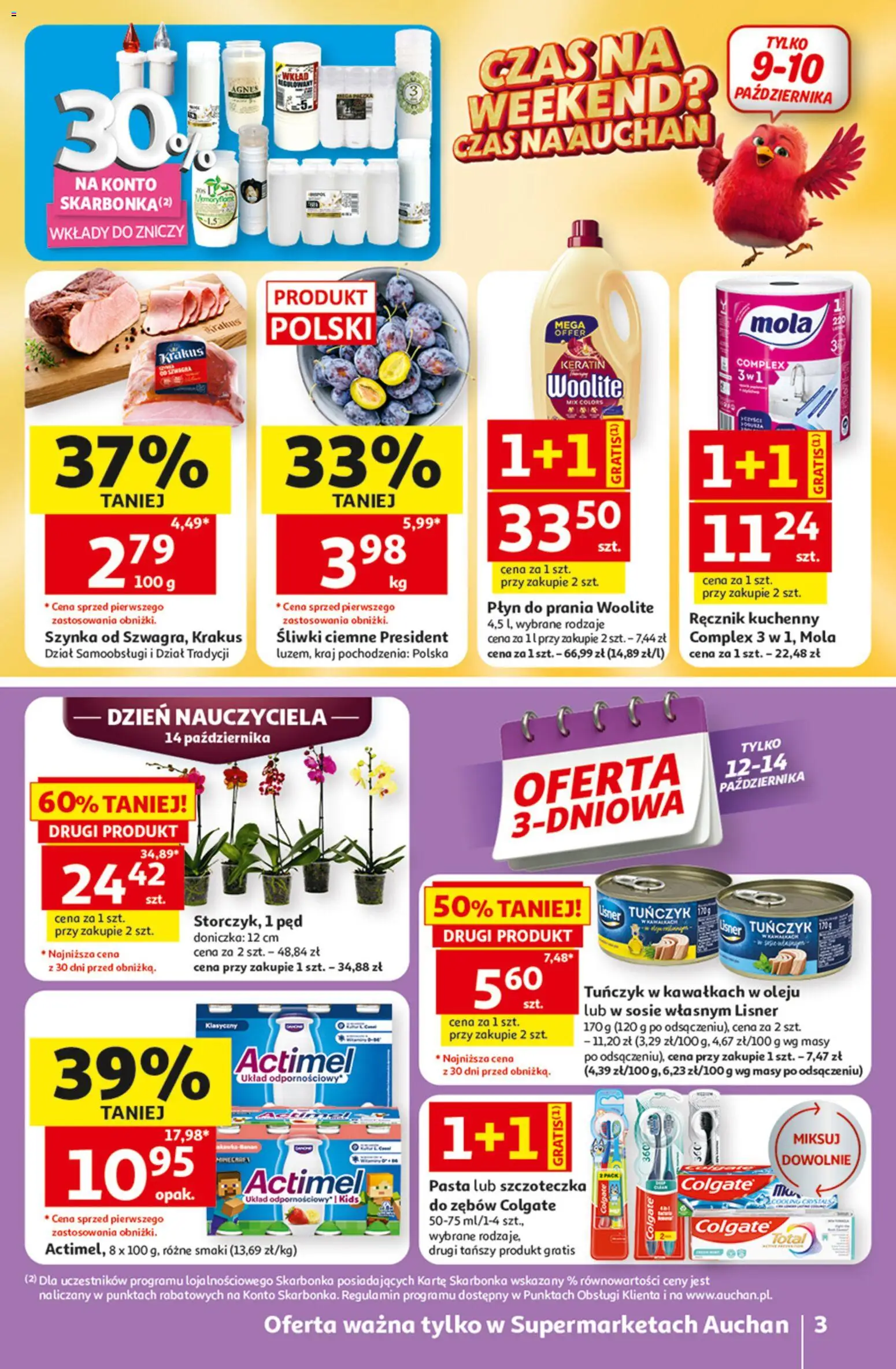 Pogląd gazetki "Auchan gazetka" ze sklepu Auchan ważnej od 08.10.2026 - Pasta, Wkłady do zniczy, Tuńczyk, Szynka, Śliwki, Doniczka, Actimel, Ręcznik kuchenny