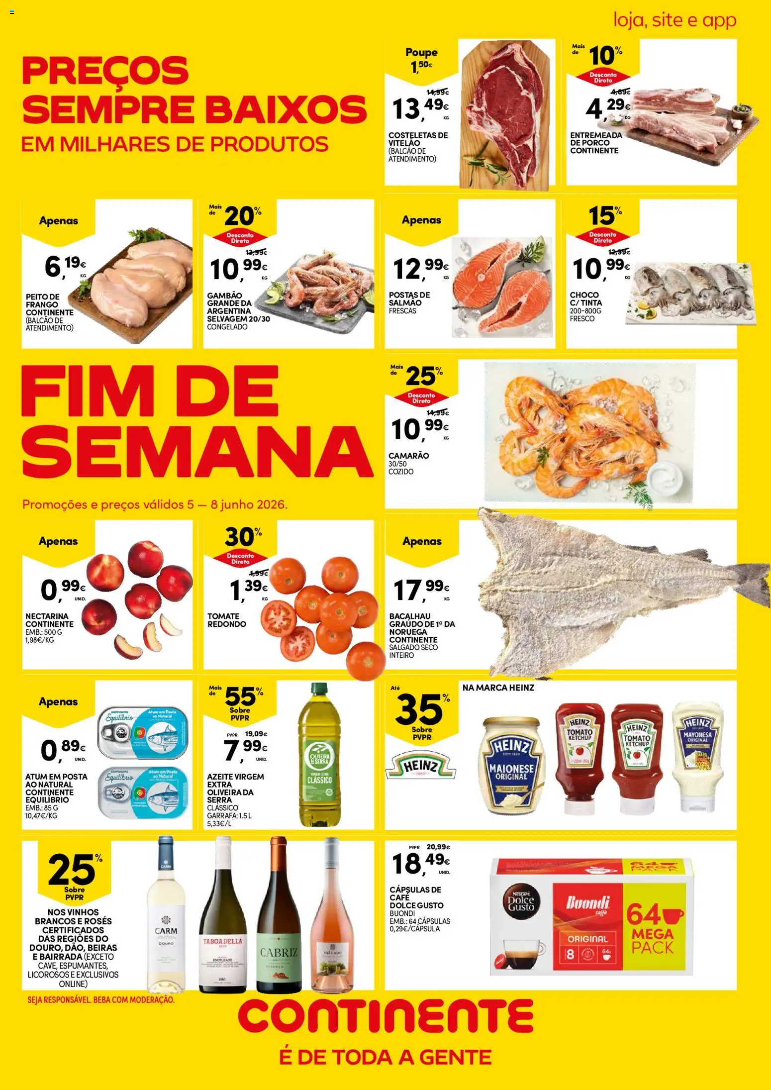 Pré-visualização do folheto da loja Continente válida a partir de 05/06/2026 - Bacalhau, Azeite, Camarão, Peito de frango, Tinta, Ketchup, Entremeada de porco, Cápsulas