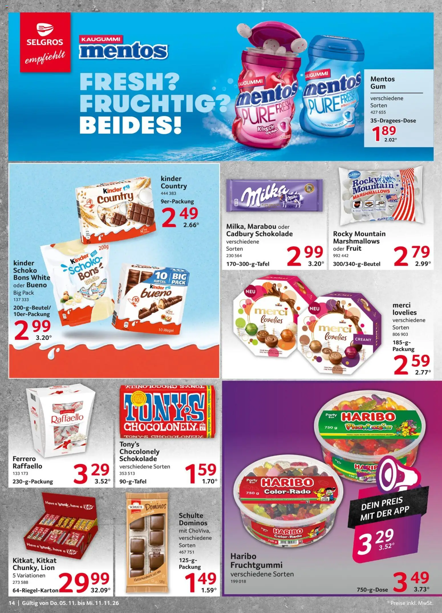 Vorschau von dem Prospekt des Geschäftes Selgros, gültig ab dem 05.11.2026 - Schokolade, Haribo, Milka, Raffaello, Merci, Kaugummi