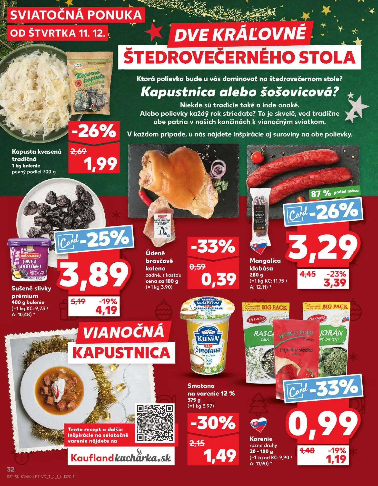Náhľad Kaufland letáku platného od 11.12.2025 - Paprika, Kapusta, Klobása, Korenie, Slivky, Smotana, Sušené slivky, Bravčové koleno
