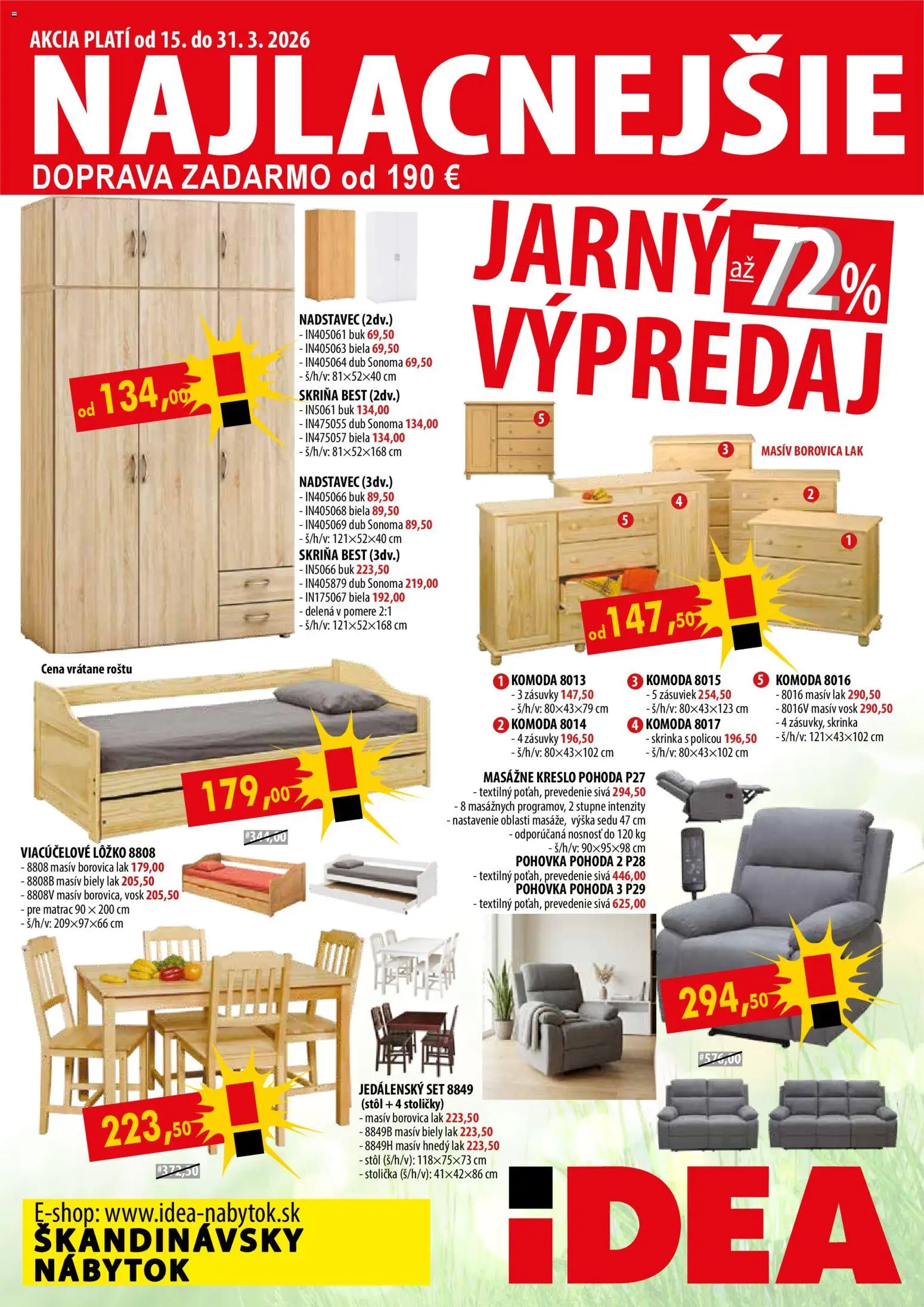 Náhľad IDEA nábytok letáku platného od 15.03.2026 - Komoda, Kreslo, Nábytok, Stolička, Pohovka, Stôl, Matrac, Masážne kreslo