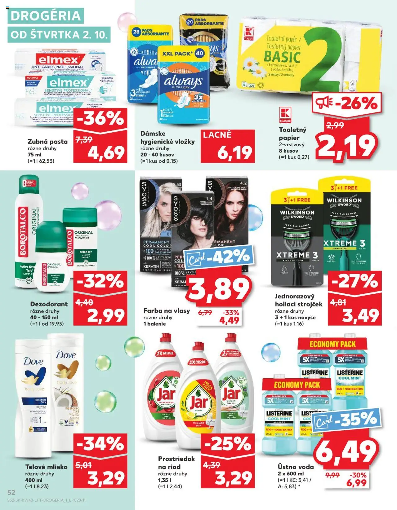 Náhľad Kaufland letáku platného od 02.10.2025 - Farba na vlasy, Jar, Holiaci strojček, Toaletný papier, Listerine, Strojček, Telové mlieko, Ústna voda