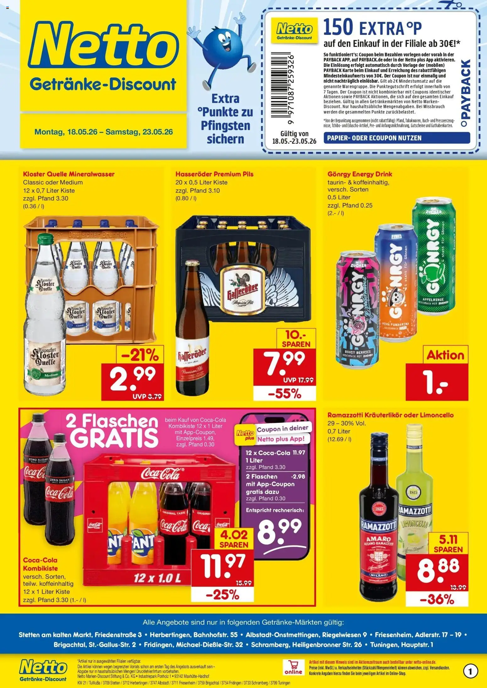 Vorschau von dem Prospekt des Geschäftes Netto Marken-Discount, gültig ab dem 17.05.2026 - Cola, Mineralwasser, Limoncello, Ramazzotti, Zucker, Energy, Hasseröder, Pils