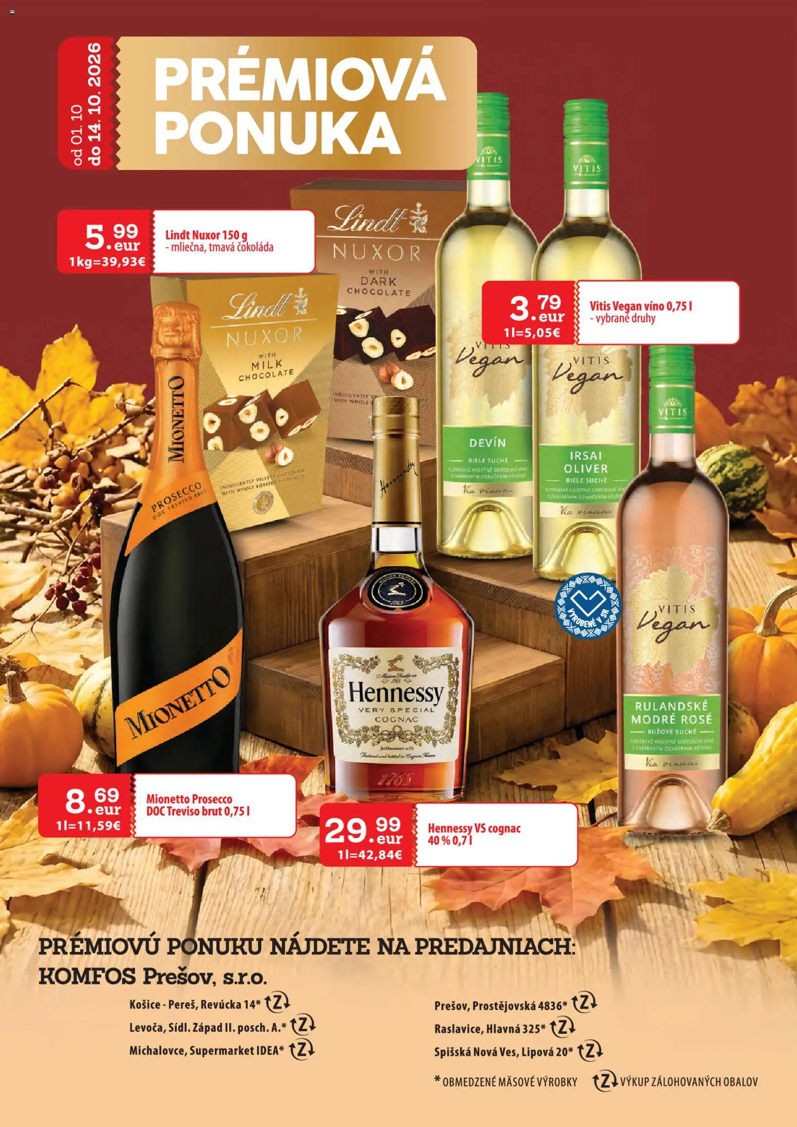 Náhľad CBA Komfos letáku platného od 01.10.2026 - Víno, Prosecco, Čokoláda, Lindt, Hennessy, Mionetto Prosecco