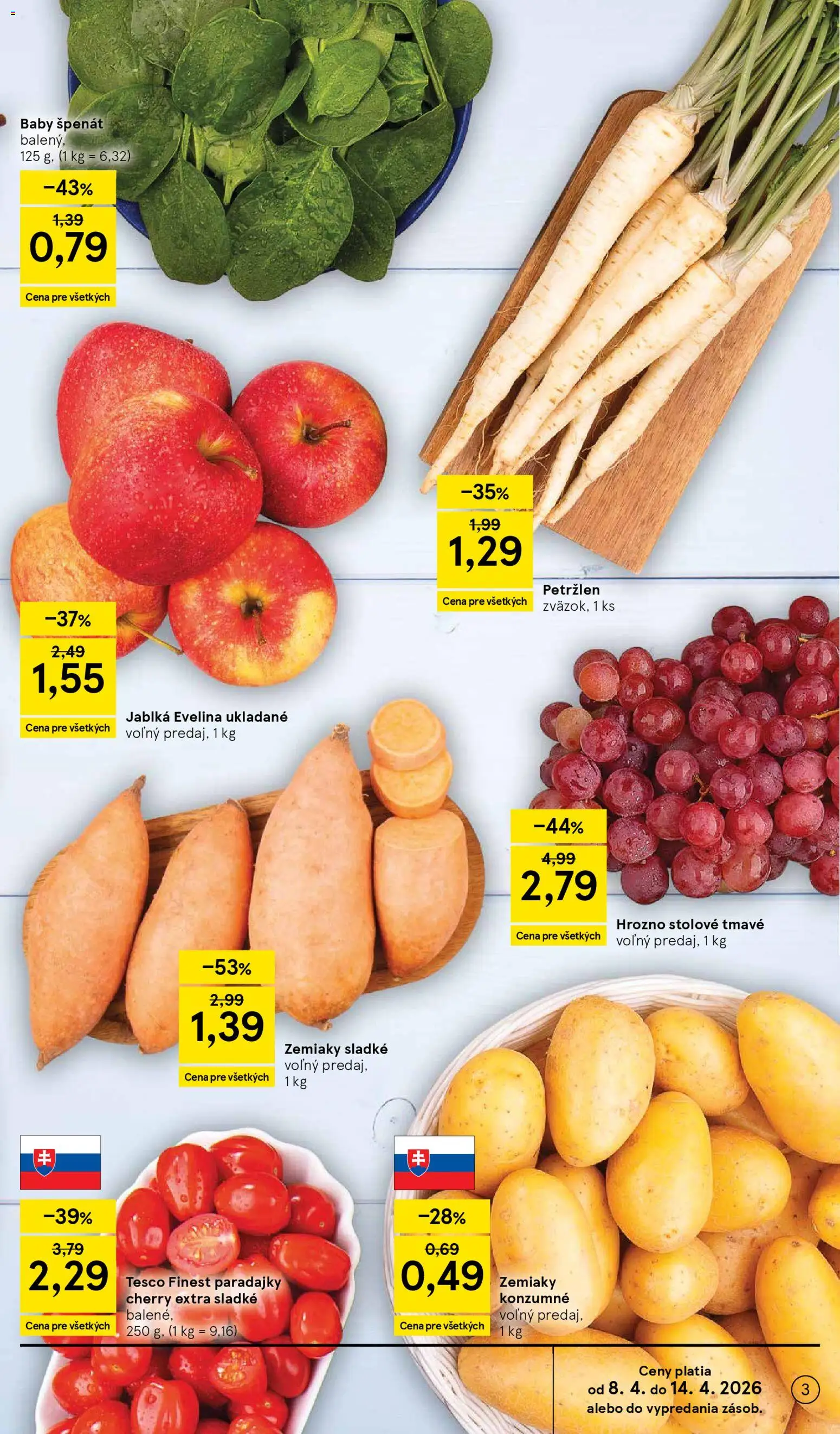 Náhľad Tesco letáku platného od 08.04.2026 - Paradajky, Špenát, Zemiaky, Hrozno, Petržlen, Jablká, Baby špenát