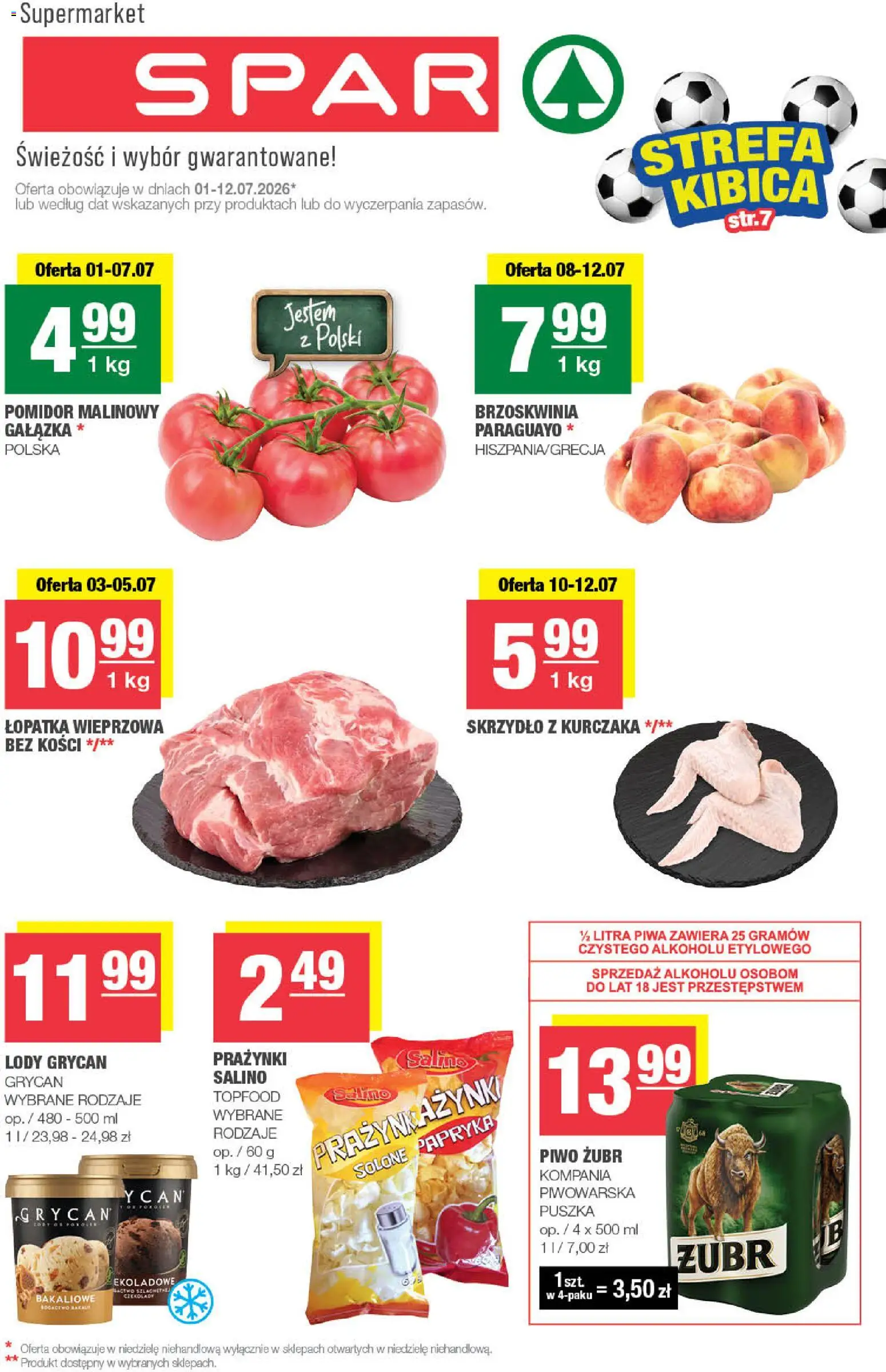 Pogląd gazetki "Spar gazetka" ze sklepu Spar ważnej od 01.07.2026 - Lody, Piwo, Czekolady, Pomidor, Łopatka wieprzowa, Lody Grycan, Pomidor malinowy, Piwo żubr