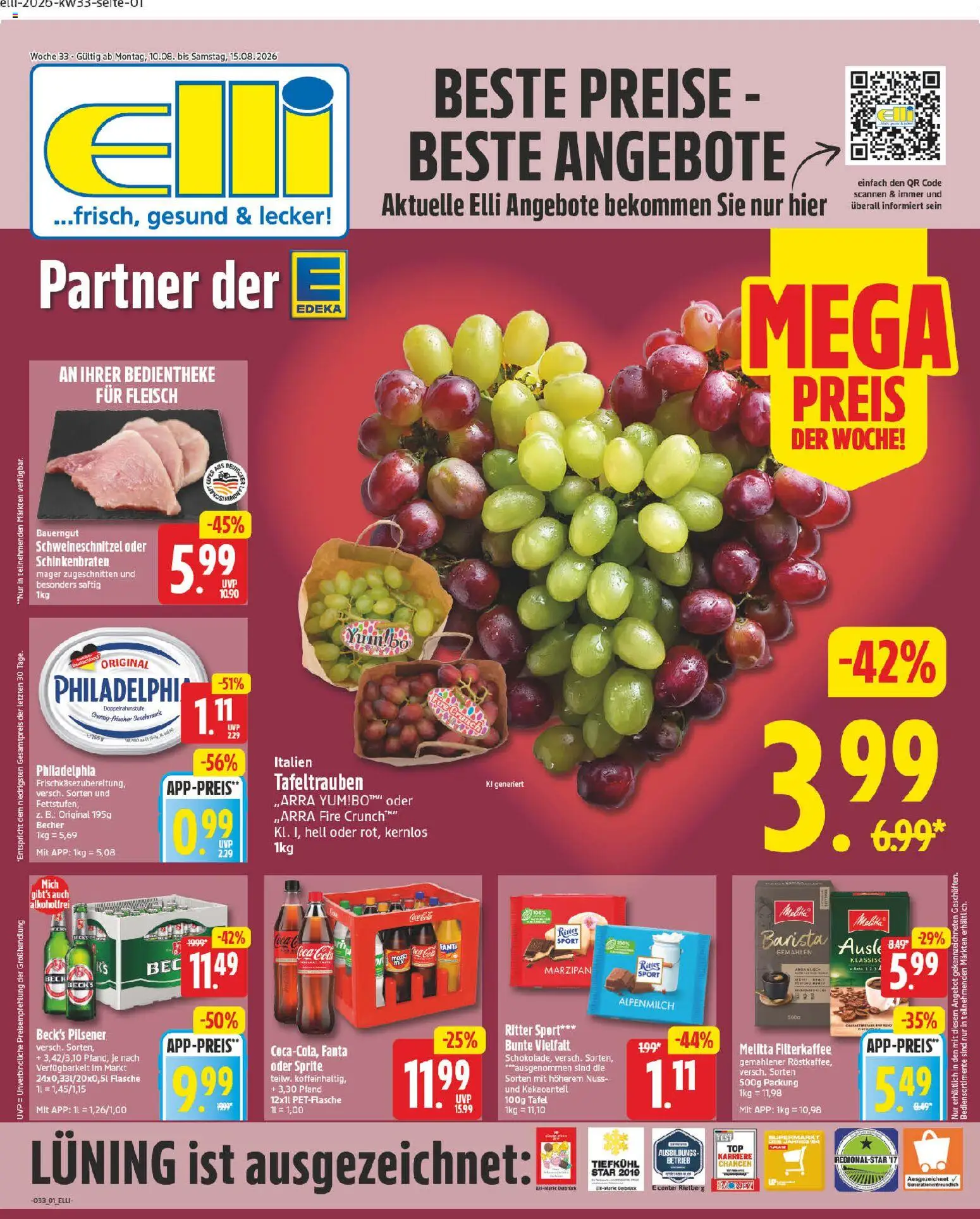 Vorschau von dem Prospekt des Geschäftes Elli Markt, gültig ab dem 10.08.2026 - Coca cola, Cola, Philadelphia, Ritter sport, Fleisch, Sprite, Melitta, Bauerngut