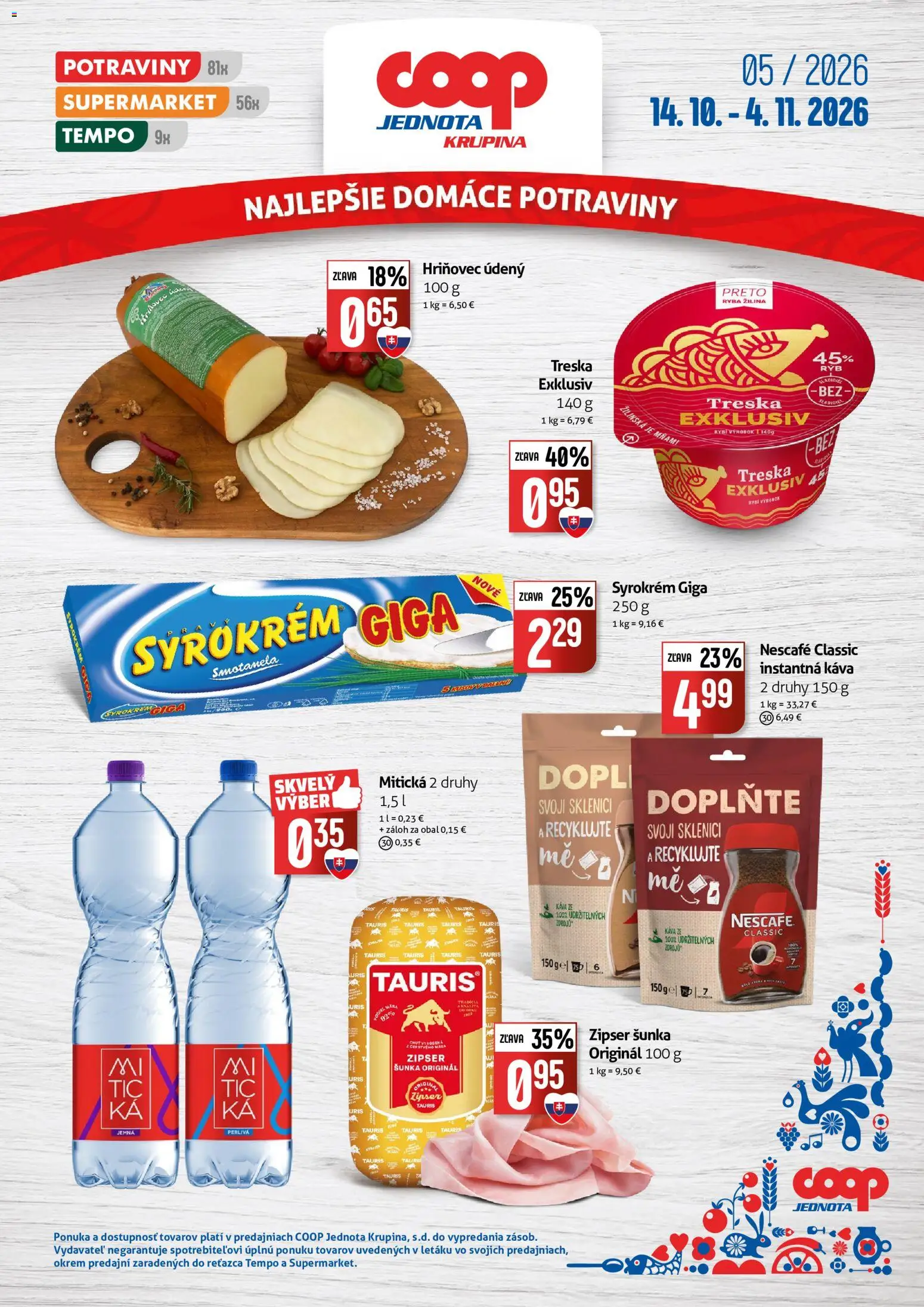 Náhľad COOP Jednota letáku platného od 14.10.2026 - Káva, Ryba, Treska, Šunka, Instantná káva, Nescafé Classic, Mitická