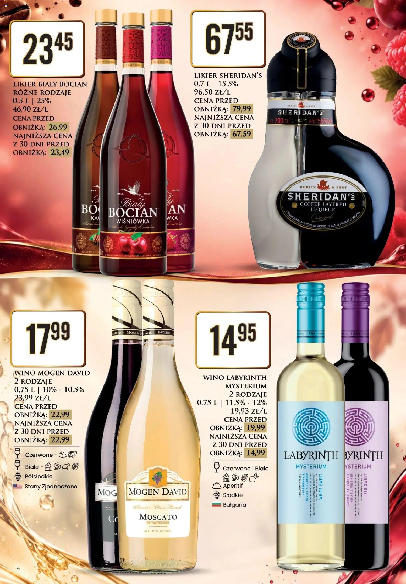 Pogląd gazetki "Dino gazetka alkoholowa" ze sklepu Dino ważnej od 09.10.2026 - Wino, Sheridan's, Aperitif, Chardonnay, Wiśniówka, Likier Sheridan's, Merlot, Biały Bocian