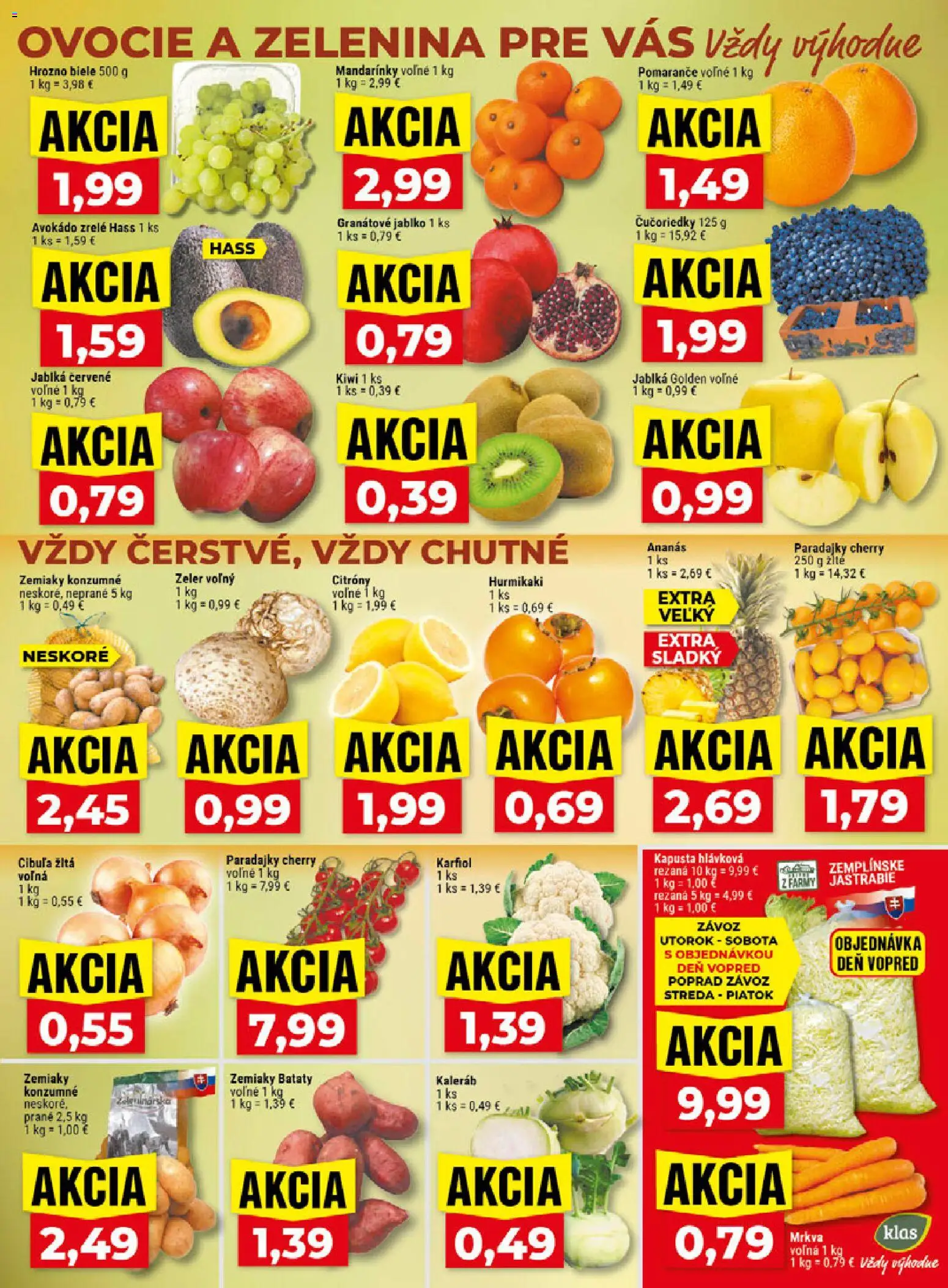 Náhľad Klas letáku platného od 26.10.2026 - Kiwi, Hurmikaki, Zelenina, Paradajky, Karfiol, Granátové jablko, Kaleráb, Ananás